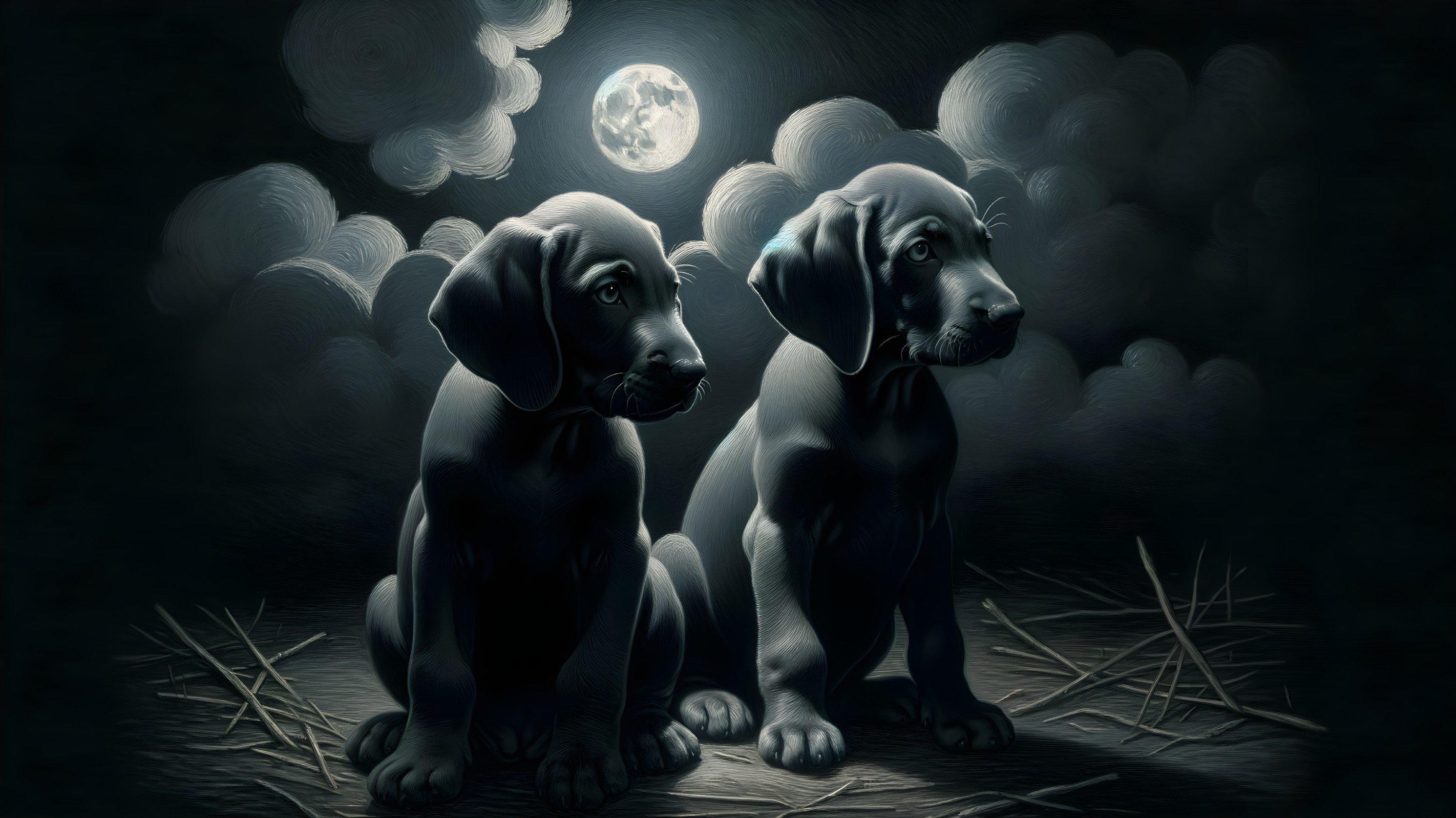 Puppies Under Moonlight in a Rustic Setting