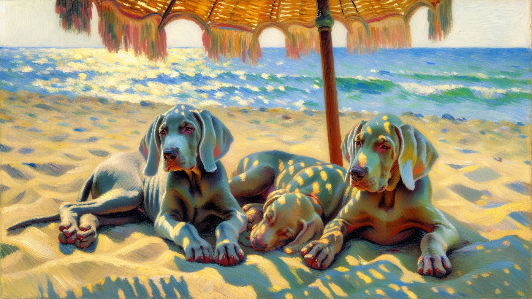 Dogs Relaxing on Sandy Beach Under Straw Umbrella