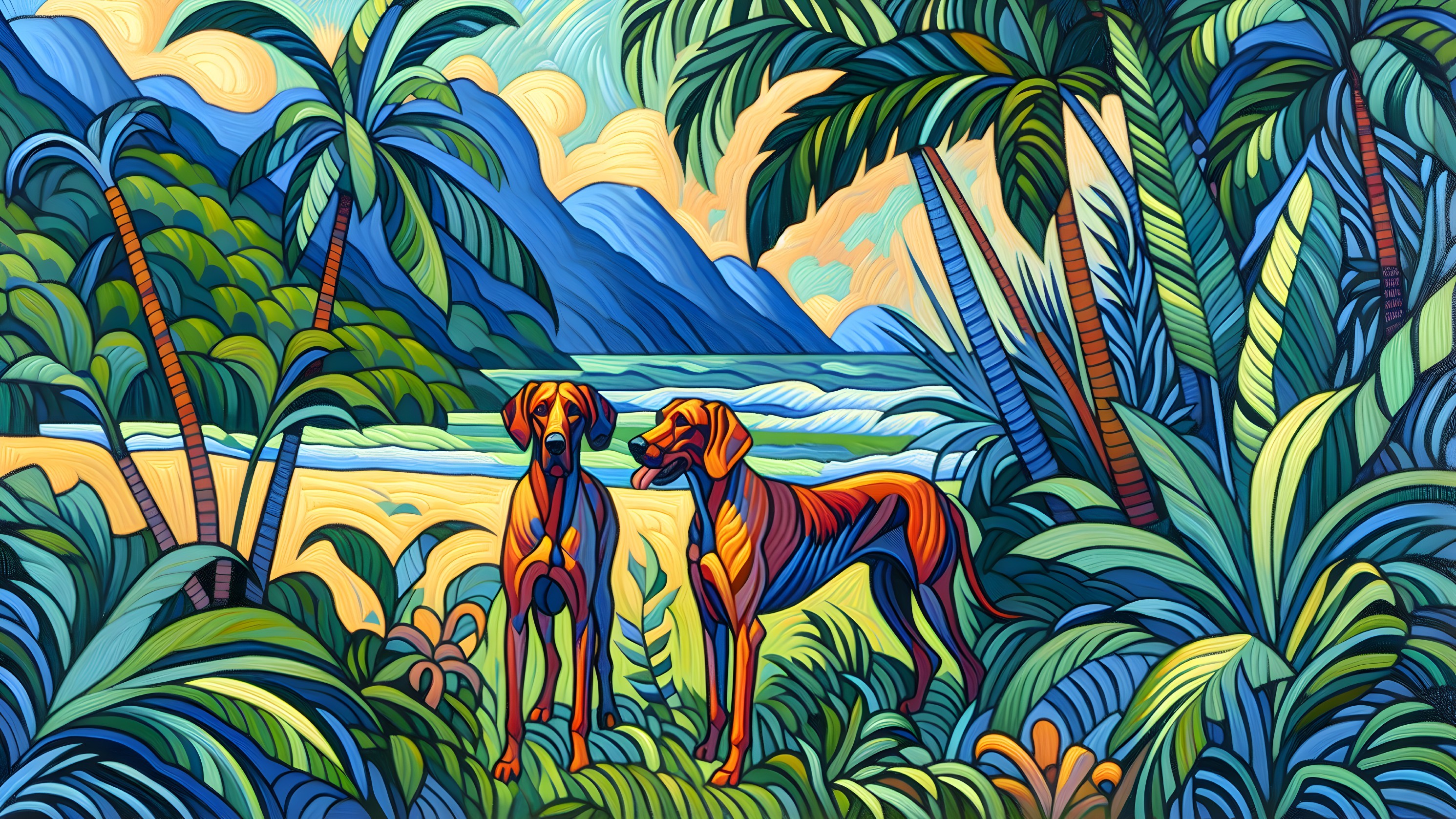 Brightly Colored Dogs in Tropical Paradise Setting