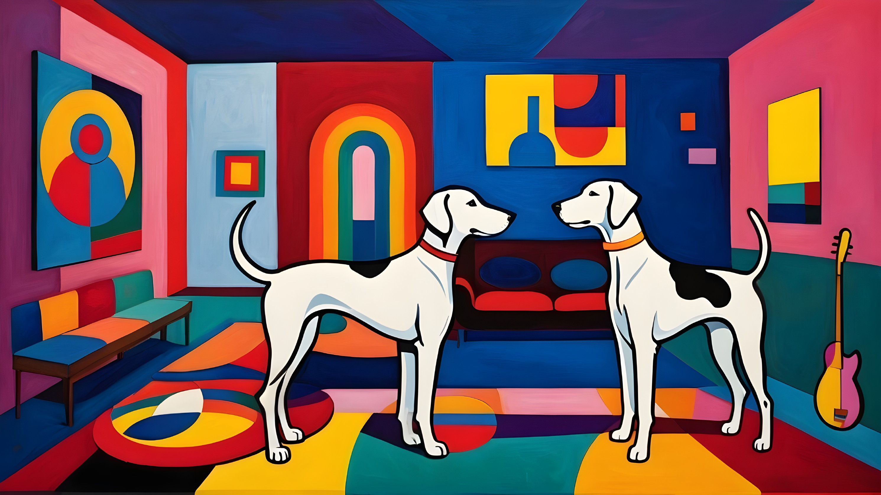 Vibrant Abstract Interior with Stylized Dogs and Art