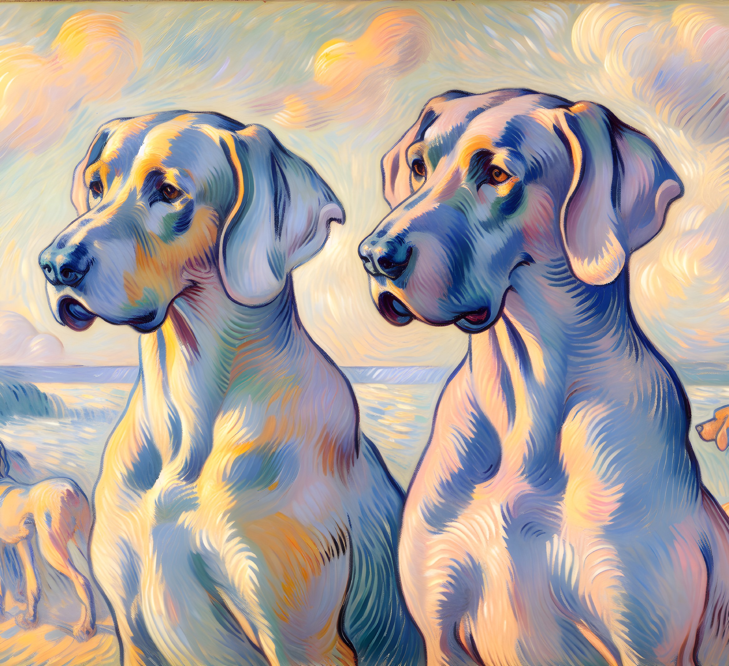 Stylized Dogs Against Vibrant Coastal Background