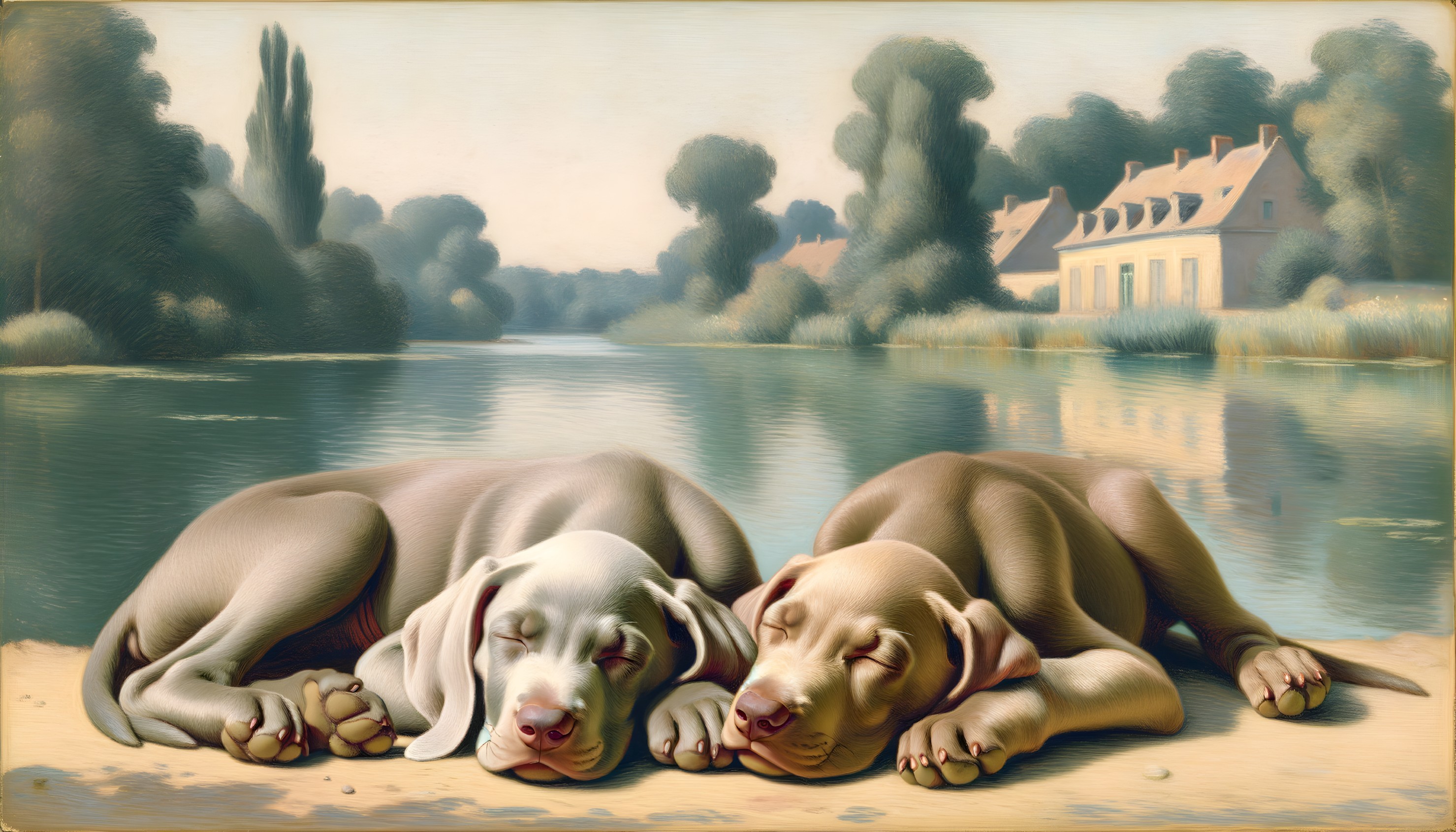 Surrealistic Scene of Dogs with Human Hands by River