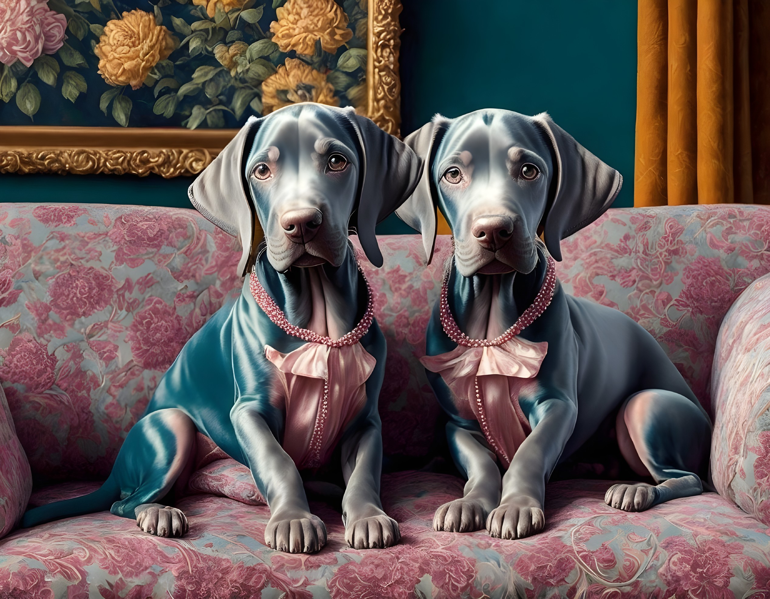 Grey Weimaraner puppies in pink bandanas and pearl necklaces on floral armchair