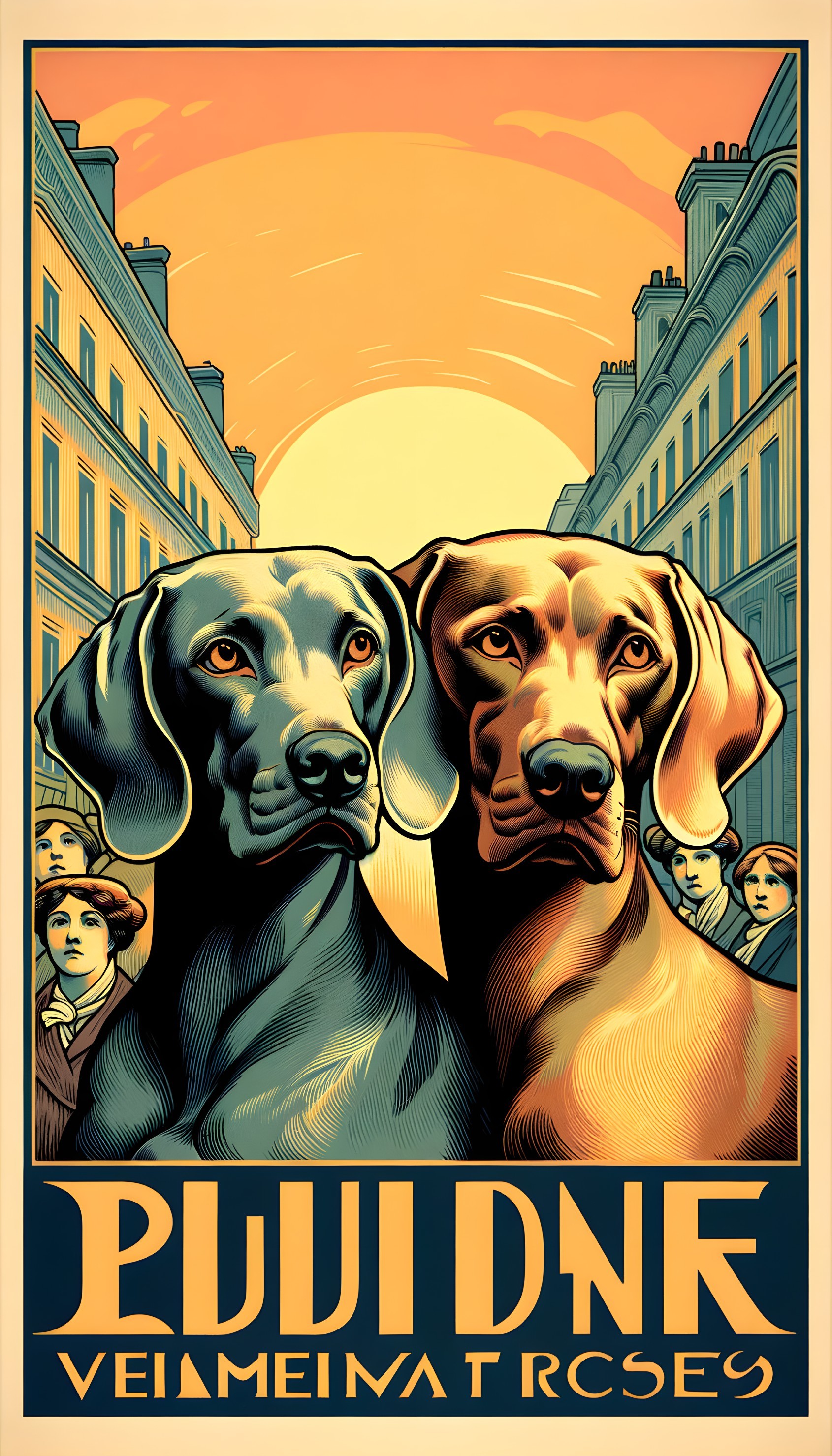 Stylized Illustration of Dogs Against Sunset Background