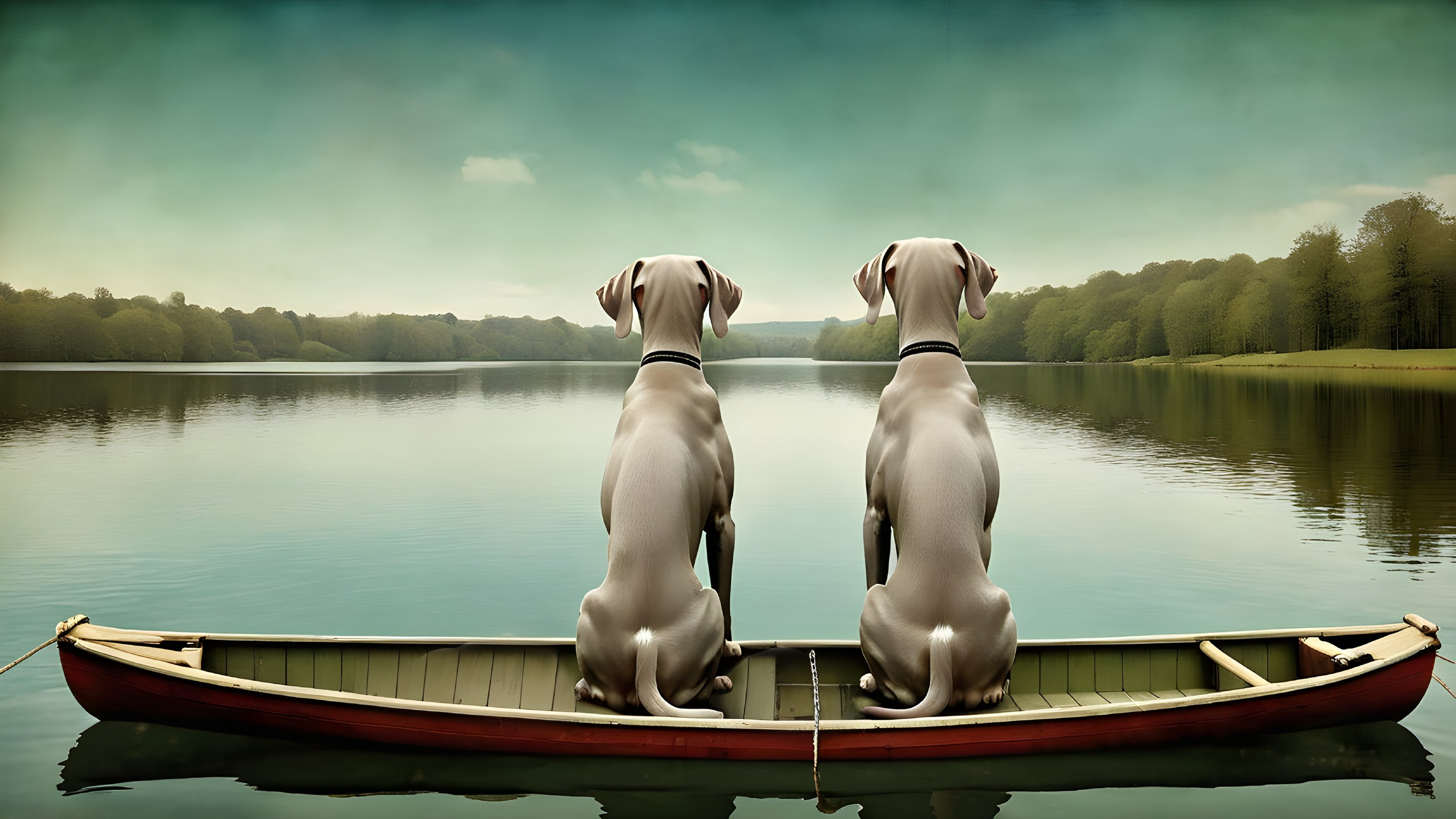 Great Danes in a Boat by a Tranquil Lake