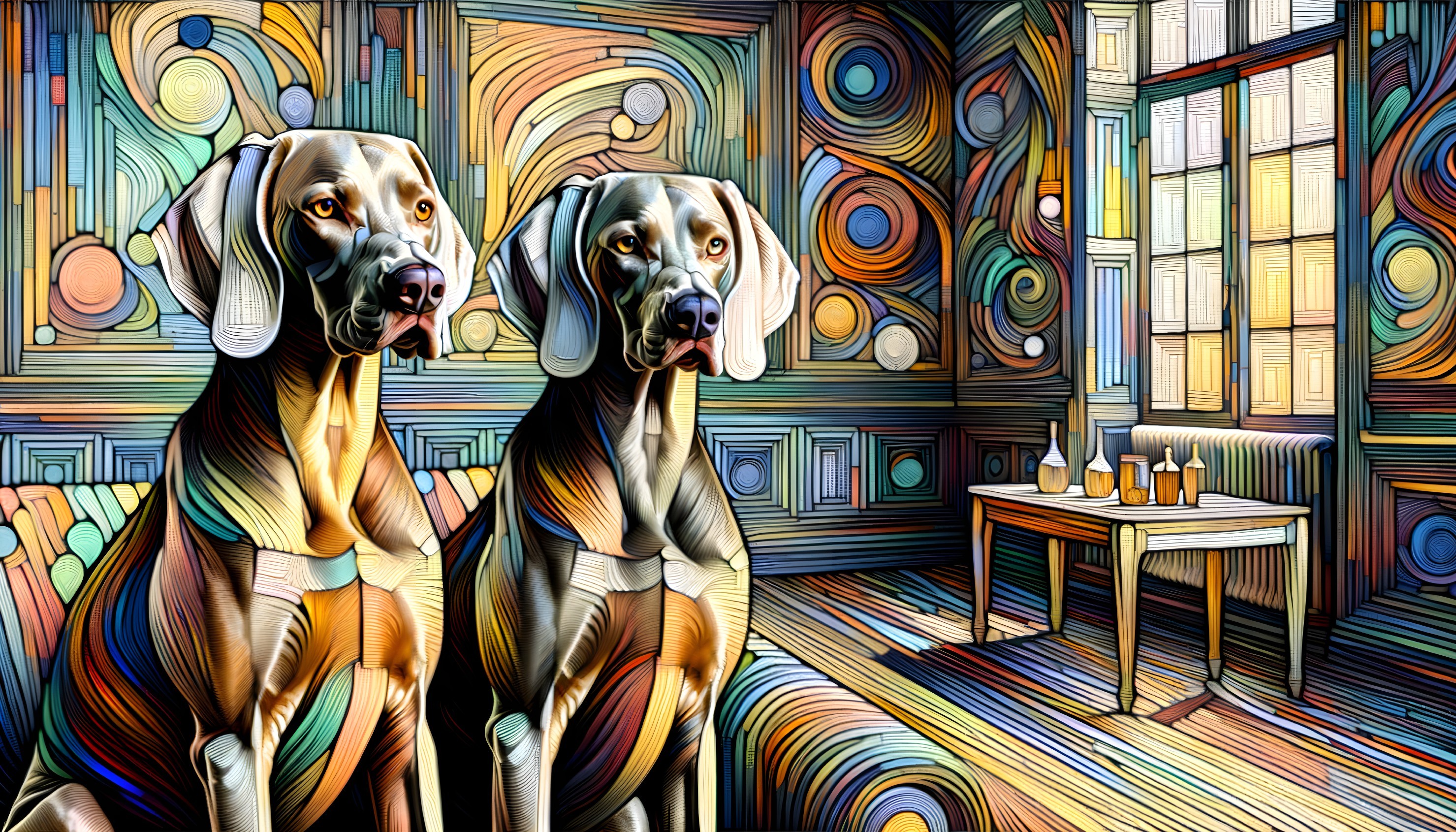 Weimaraner Dogs in Colorful Abstract Interior Setting