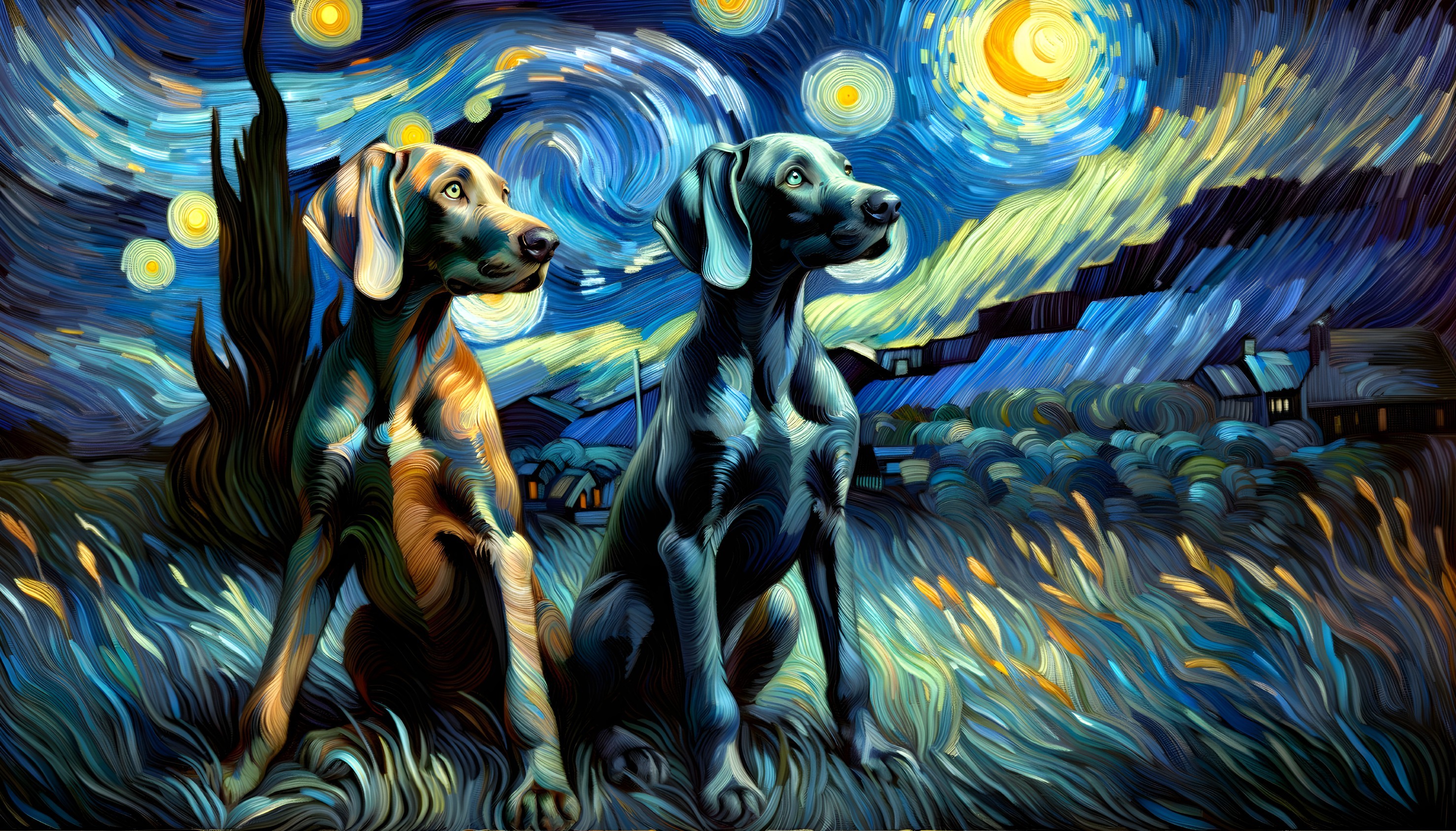 Dogs in a swirling landscape with stars and moonlight