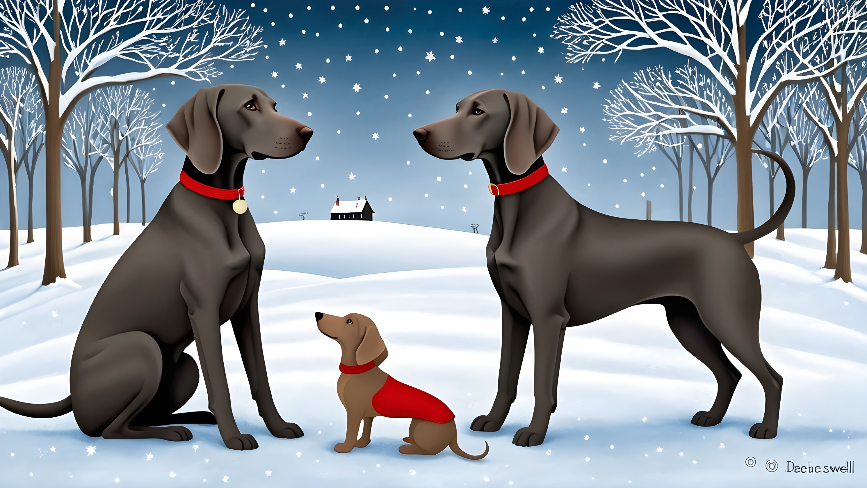 Whimsical Winter Landscape with Elegant Dogs