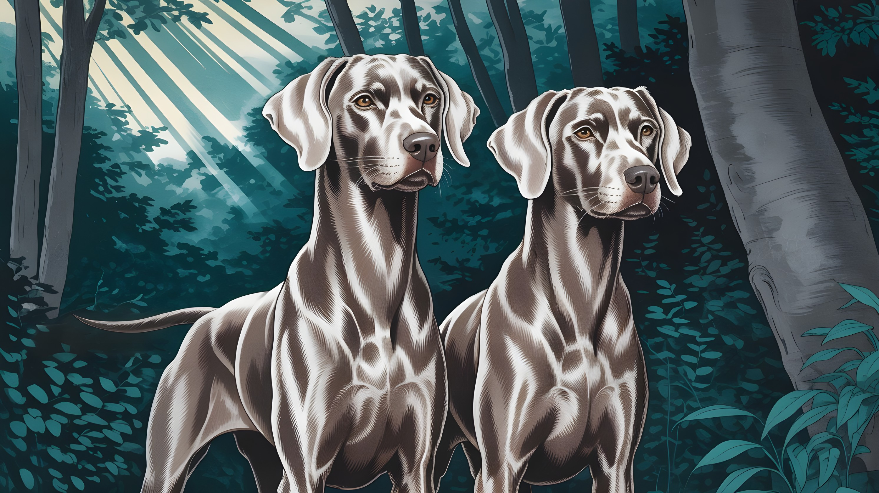Elegant dogs in a lush forest setting with sunlight