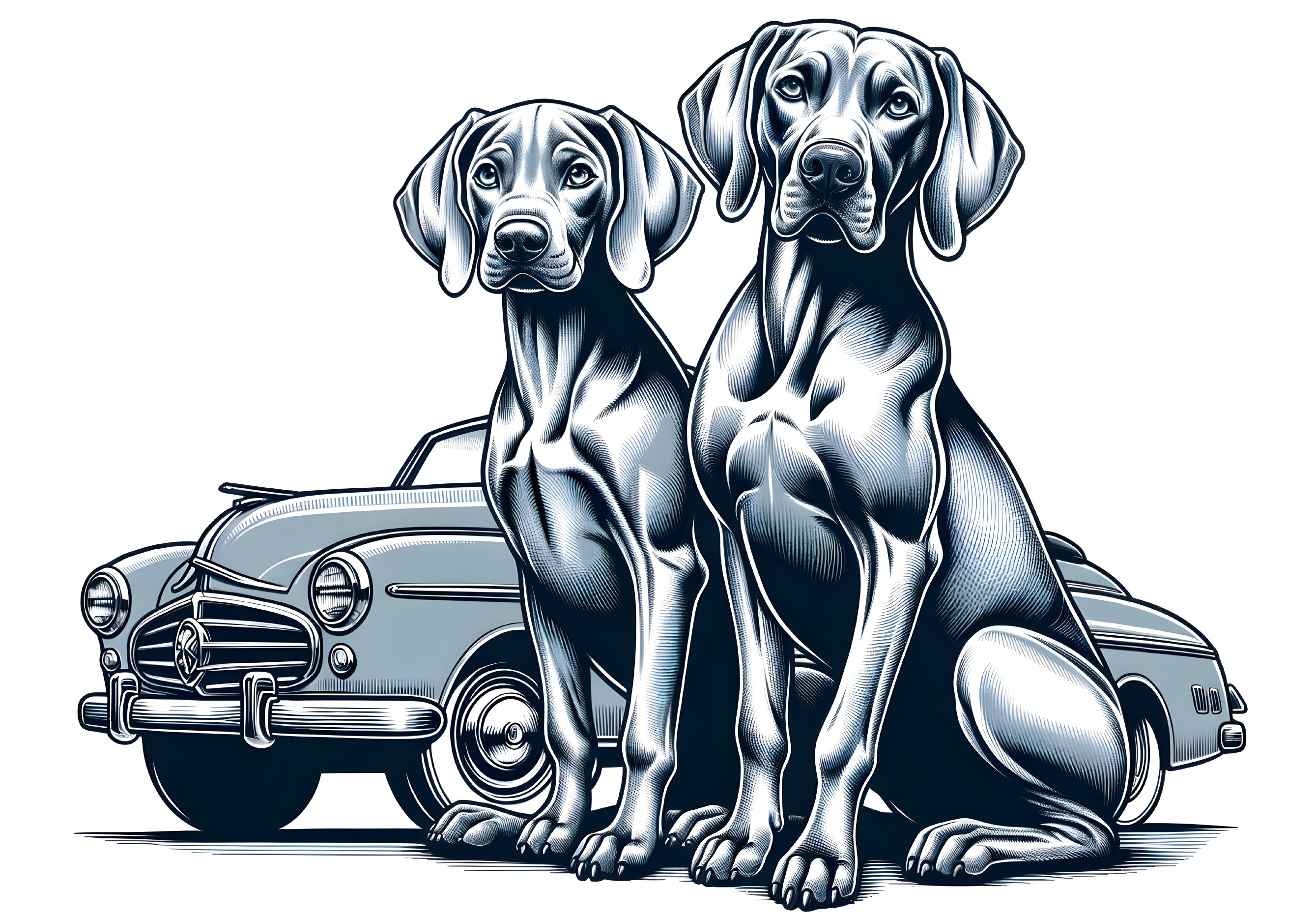 Stylized Dogs and Vintage Car in Monochrome Design