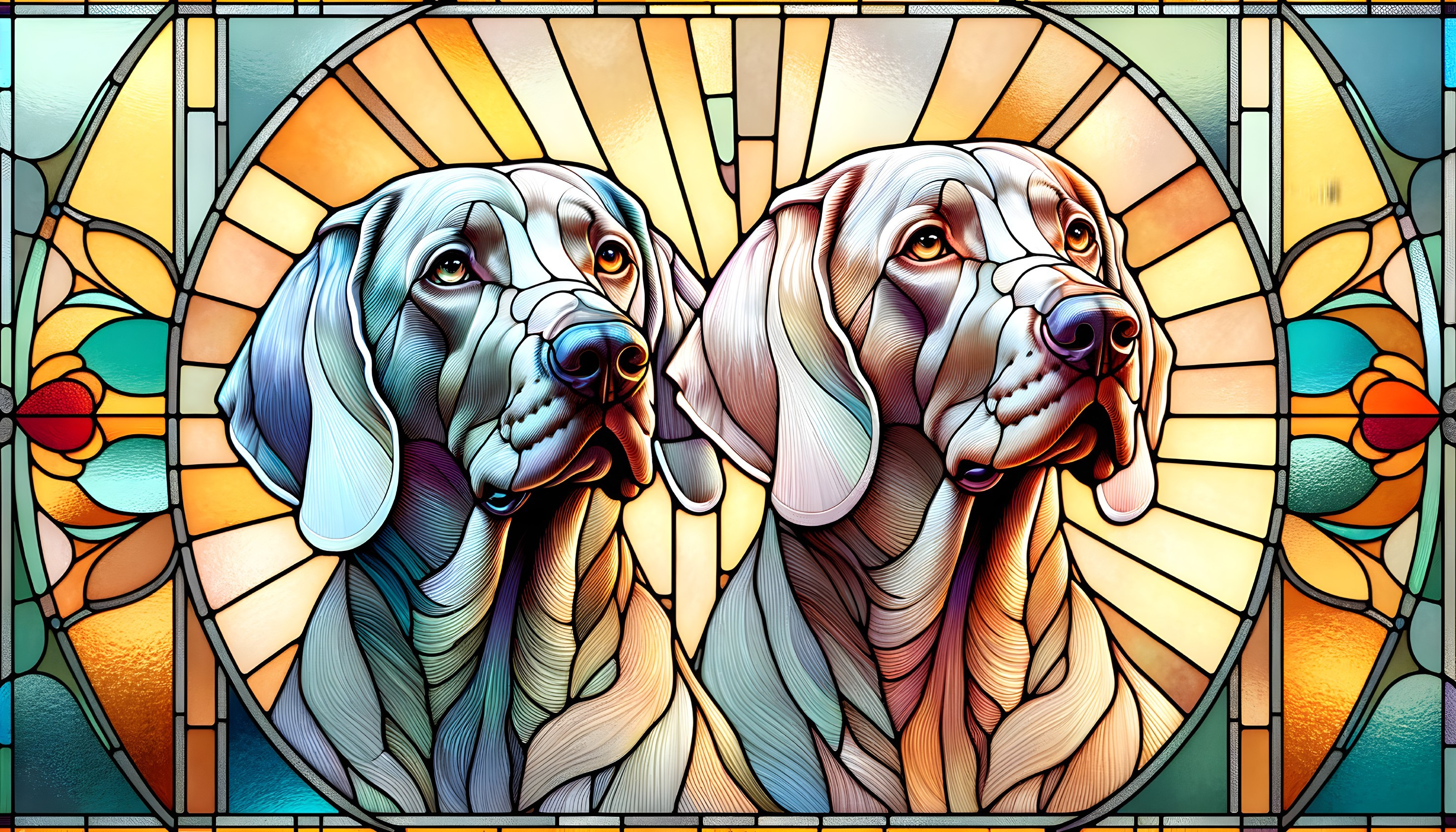 Vibrant Stained Glass Design of Two Dogs in Colorful Frame