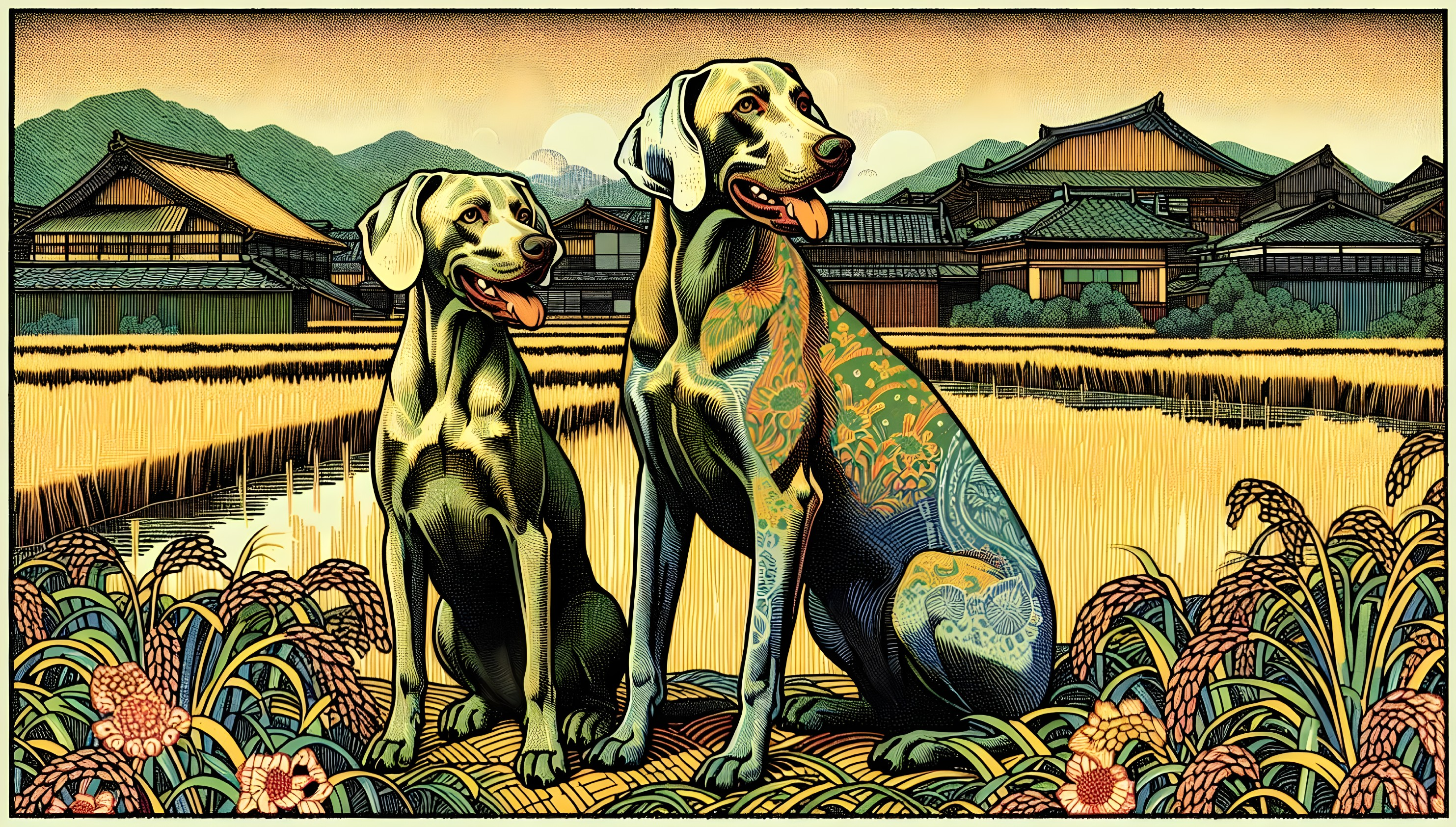 Dogs with tattoos in a rice field setting
