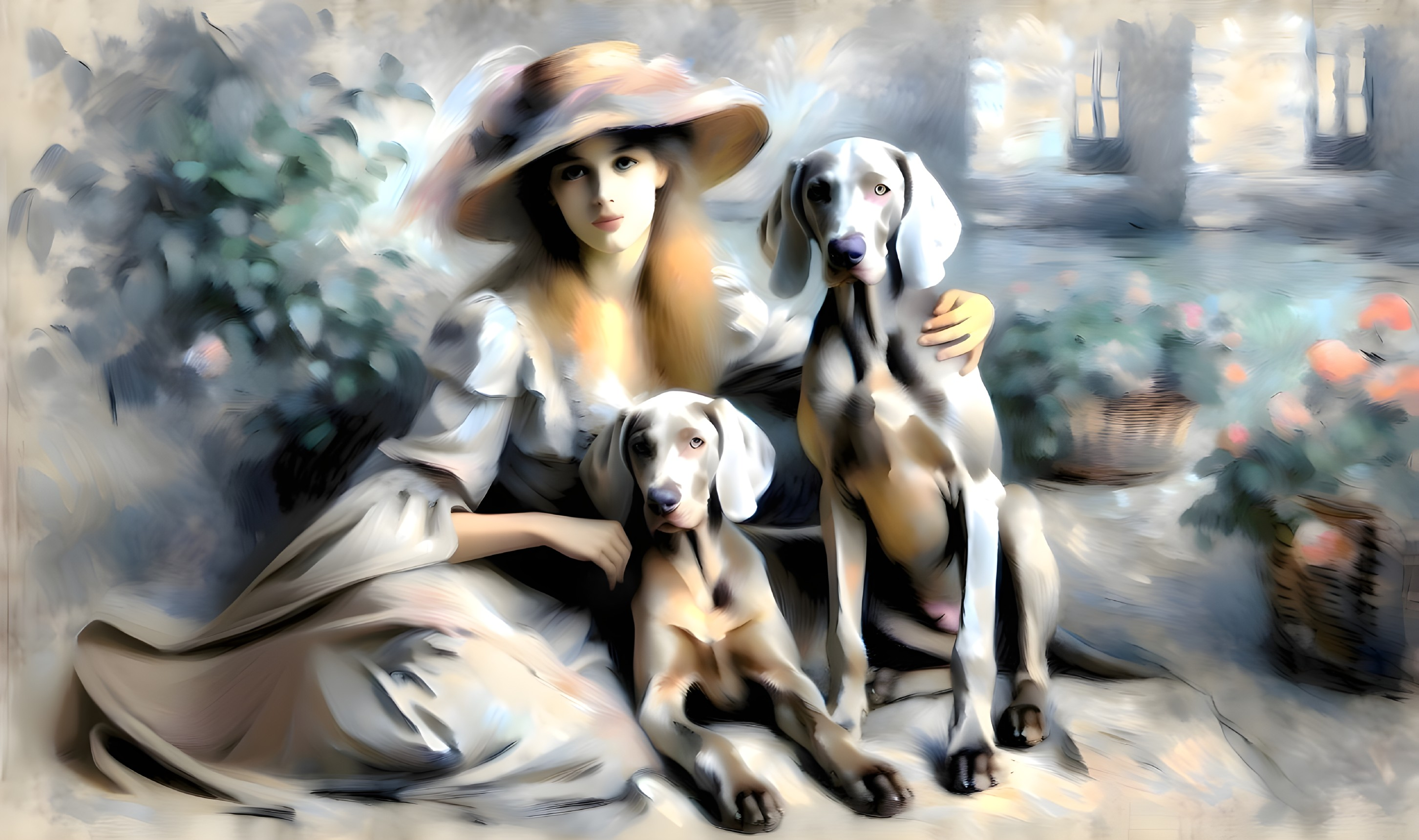 Young woman in hat with dogs among vibrant flowers