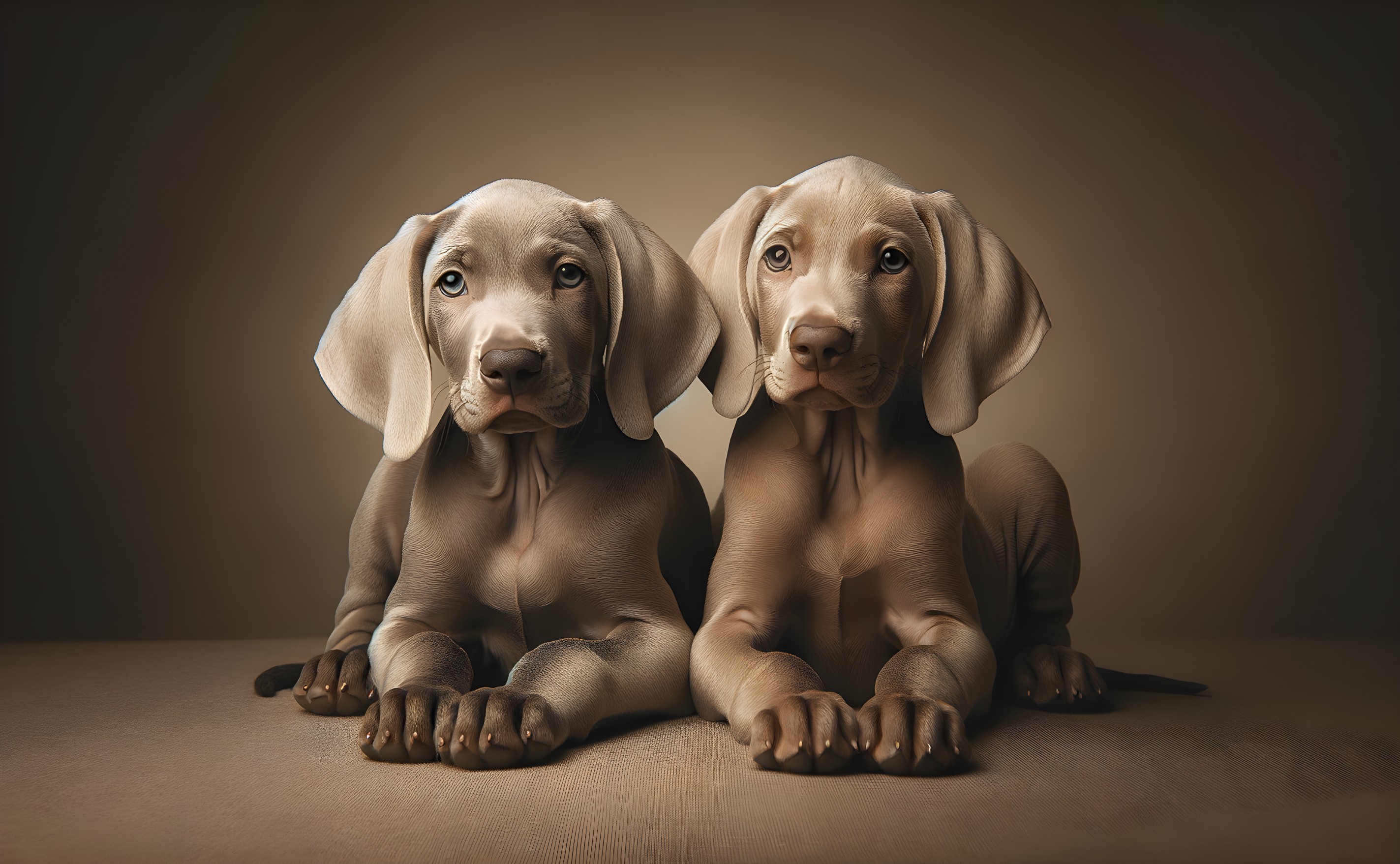 Two adorable puppies with grey and tan coats