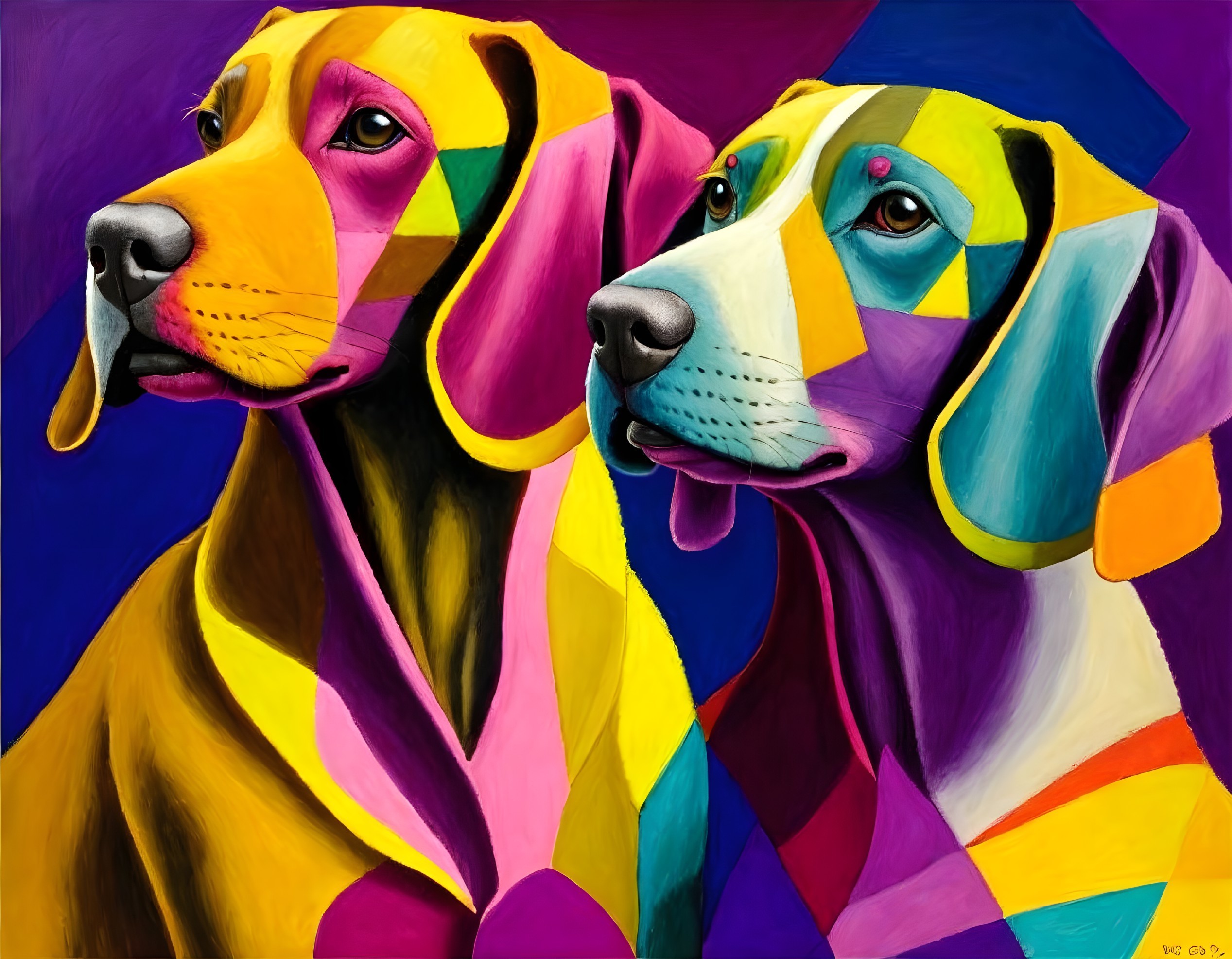 Abstract Painting: Colorful Dogs on Pink and Blue Background