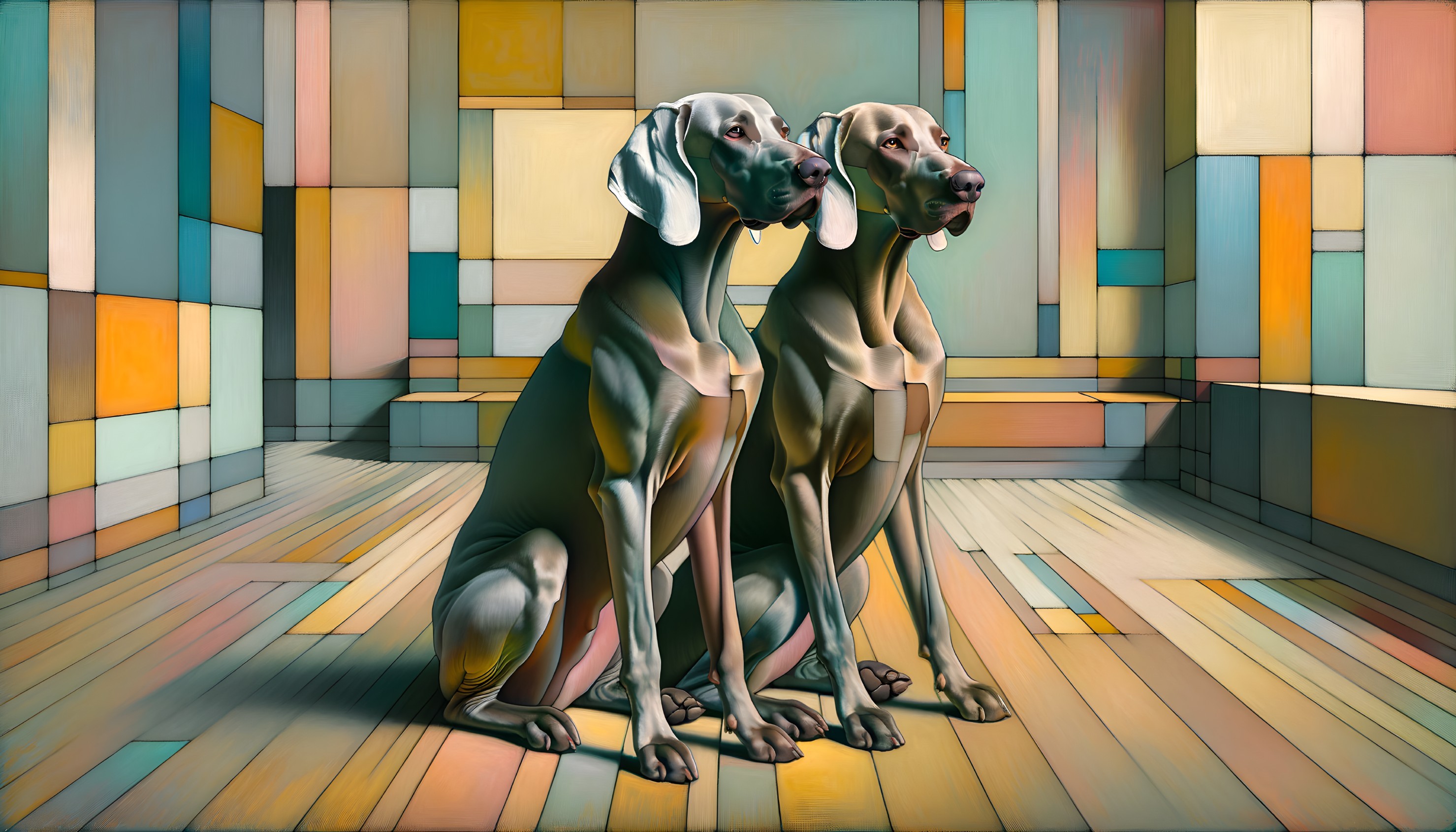 Weimaraner Dogs in Room with Geometric Patterns