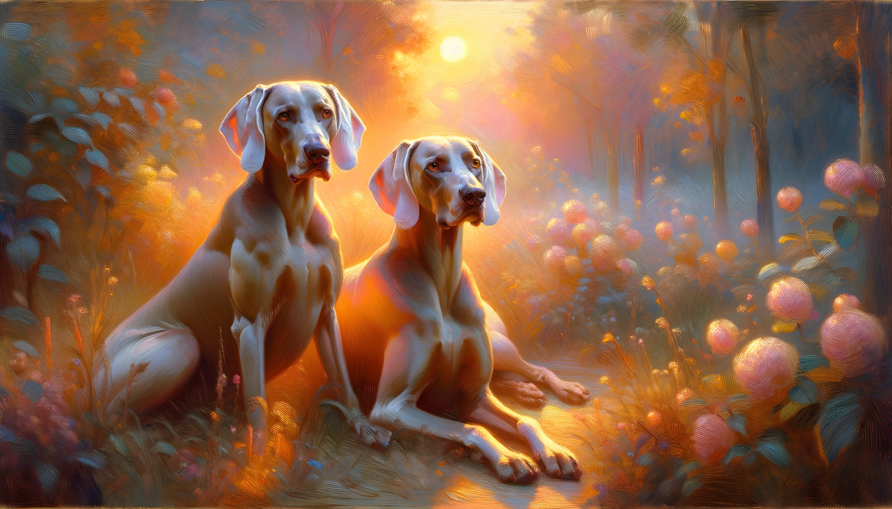 Elegant dogs in a sunlit forest with flowers