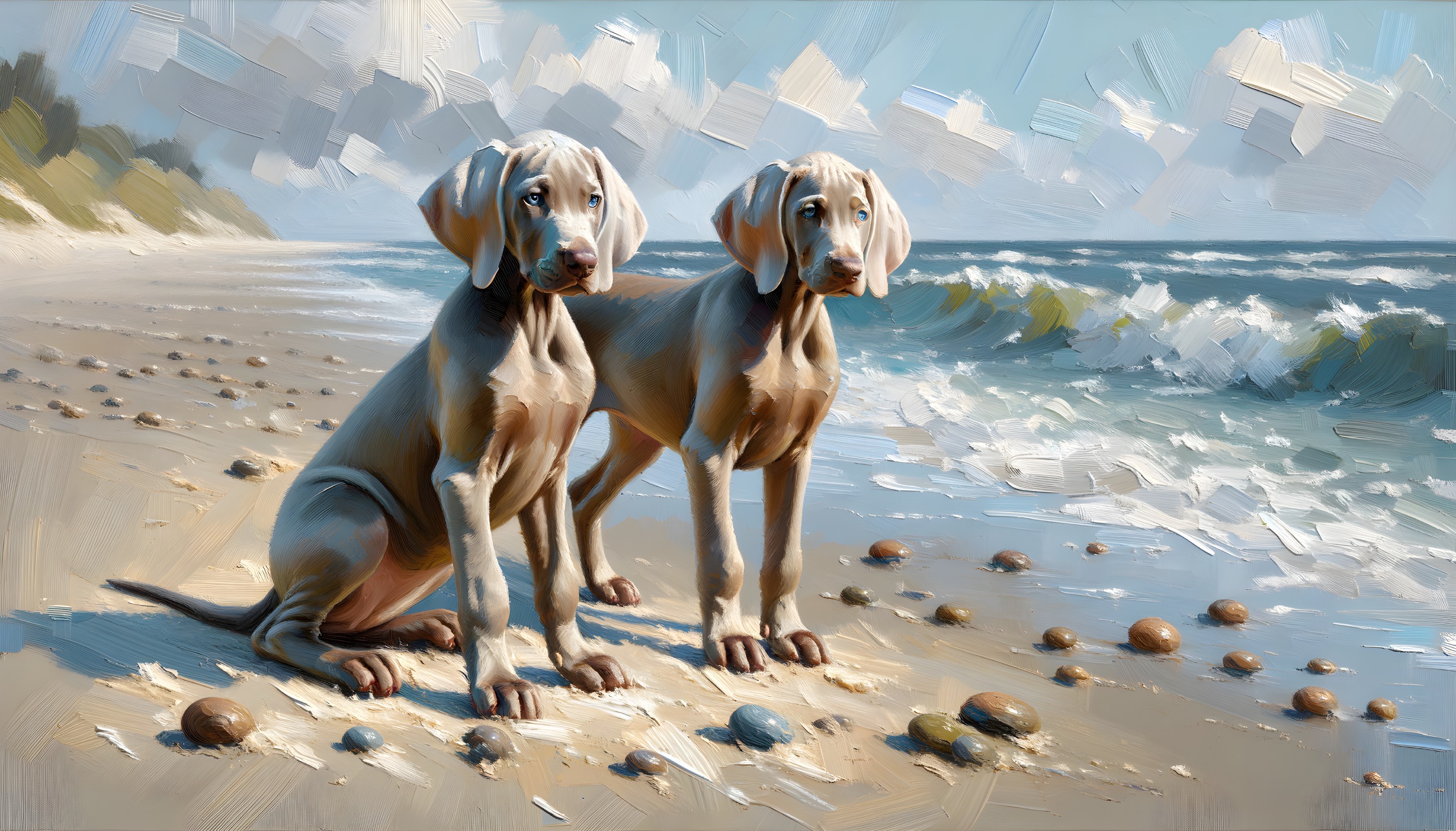 Weimaraner Puppies on a Sandy Beach with Waves