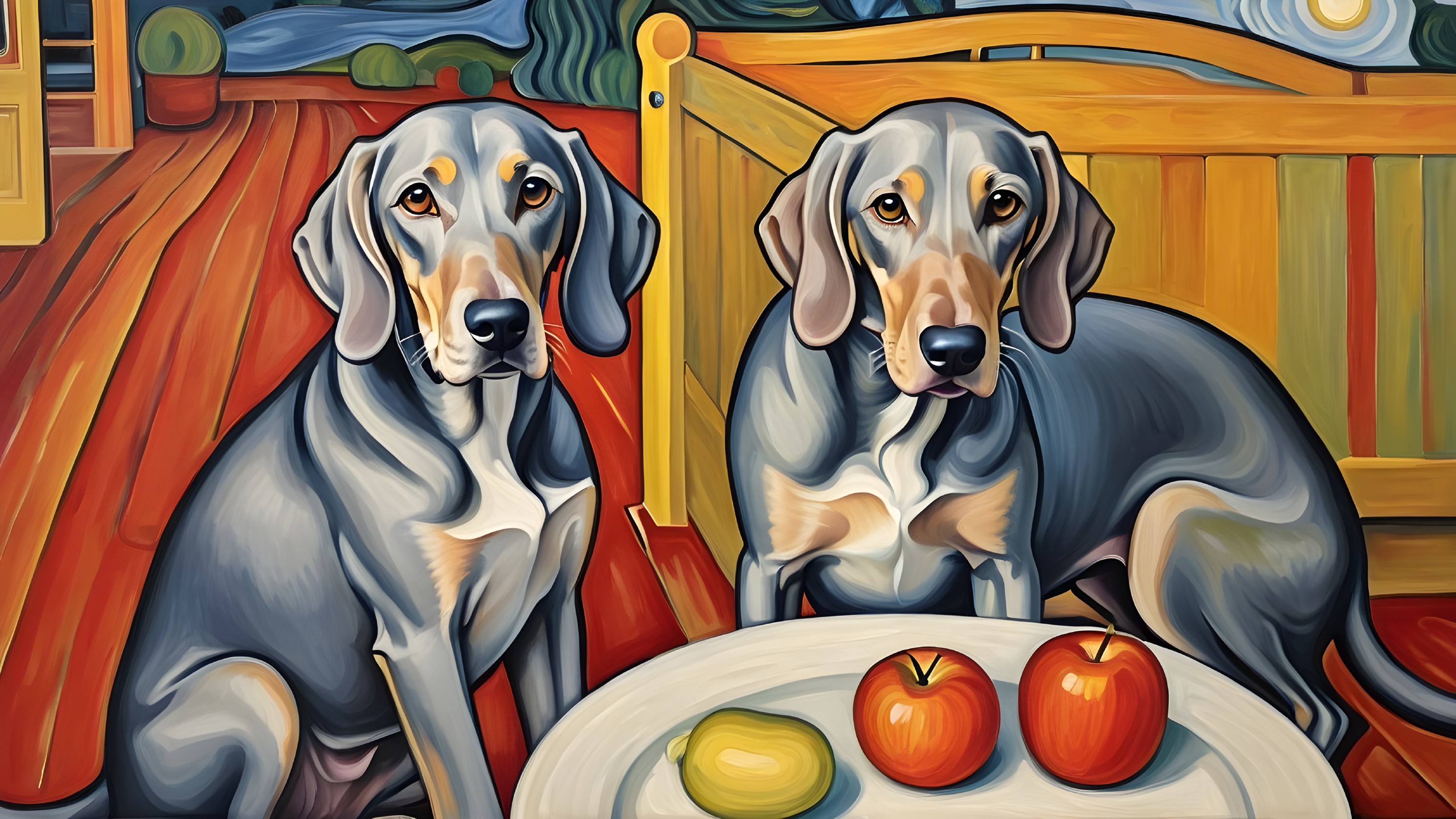 Two Dogs Sitting with Colorful Background and Fruits