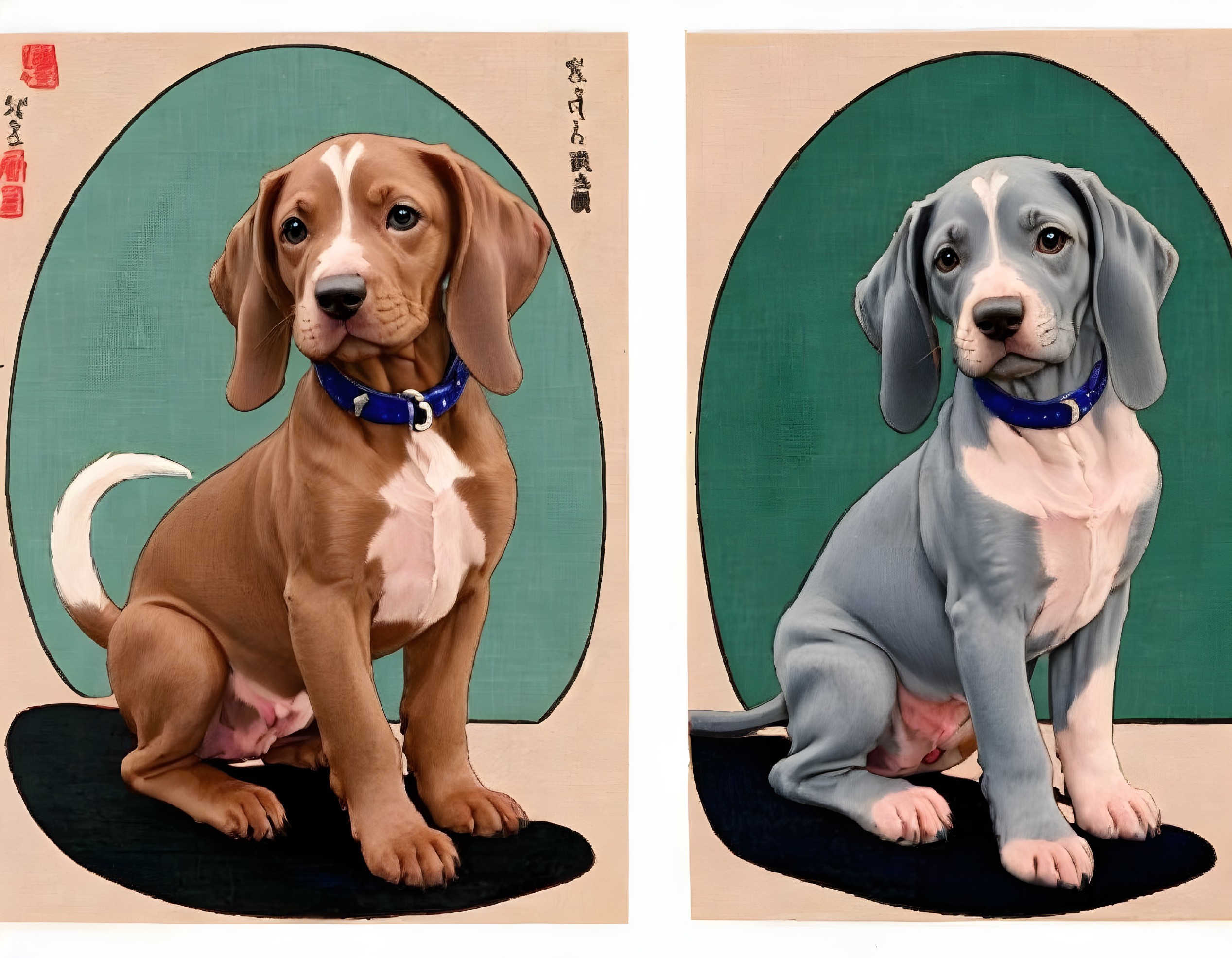 Illustrated puppies on green ovals, one brown, one gray, with blue collars