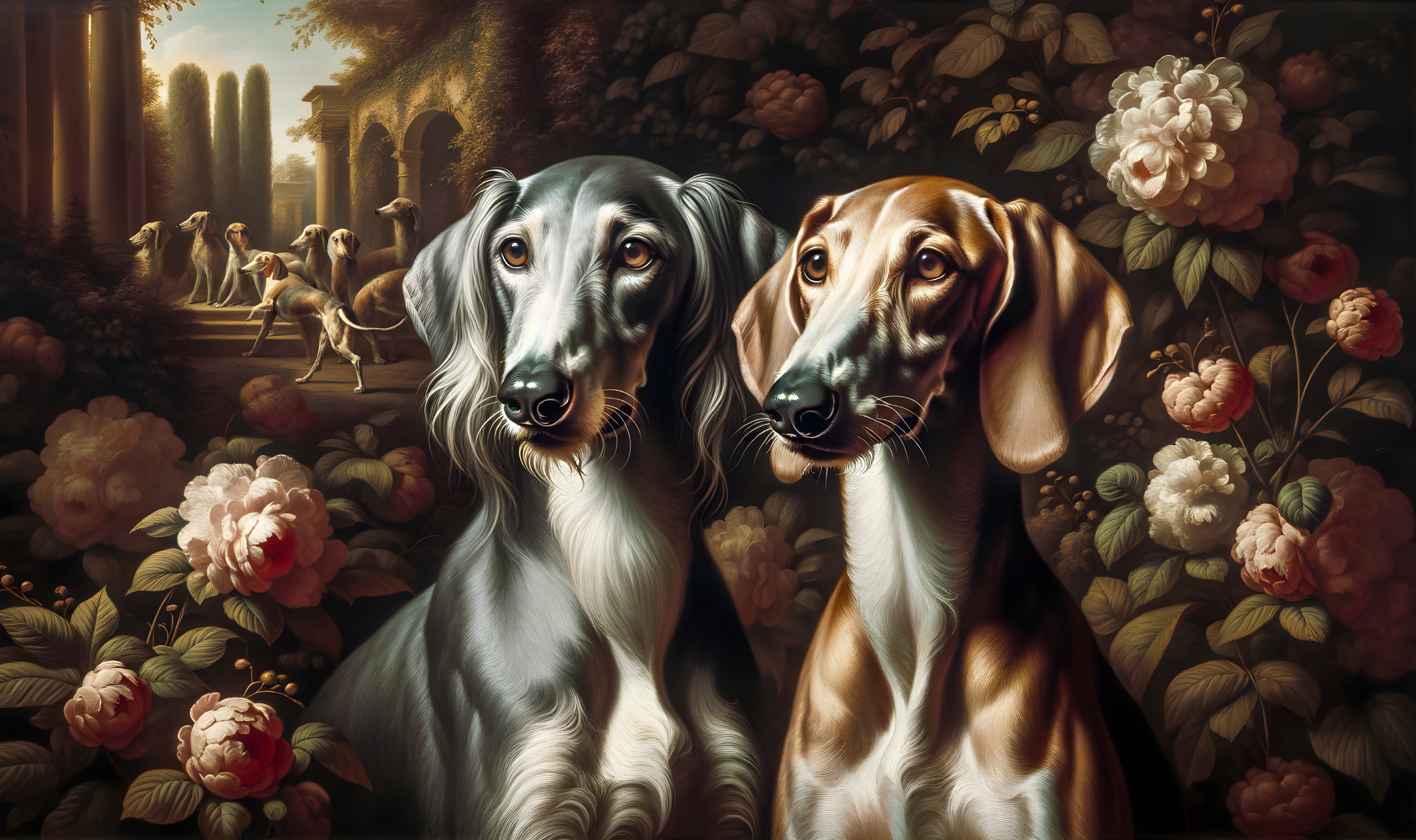 Elegant Dogs in a Vibrant Garden Setting