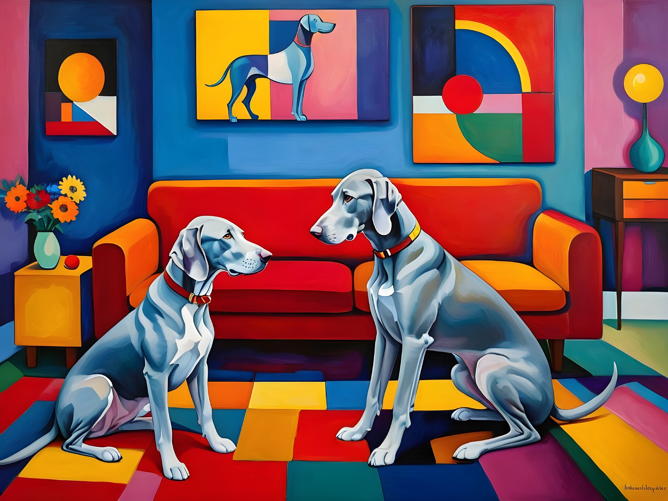 Colorful Room with Two Dogs and Abstract Art