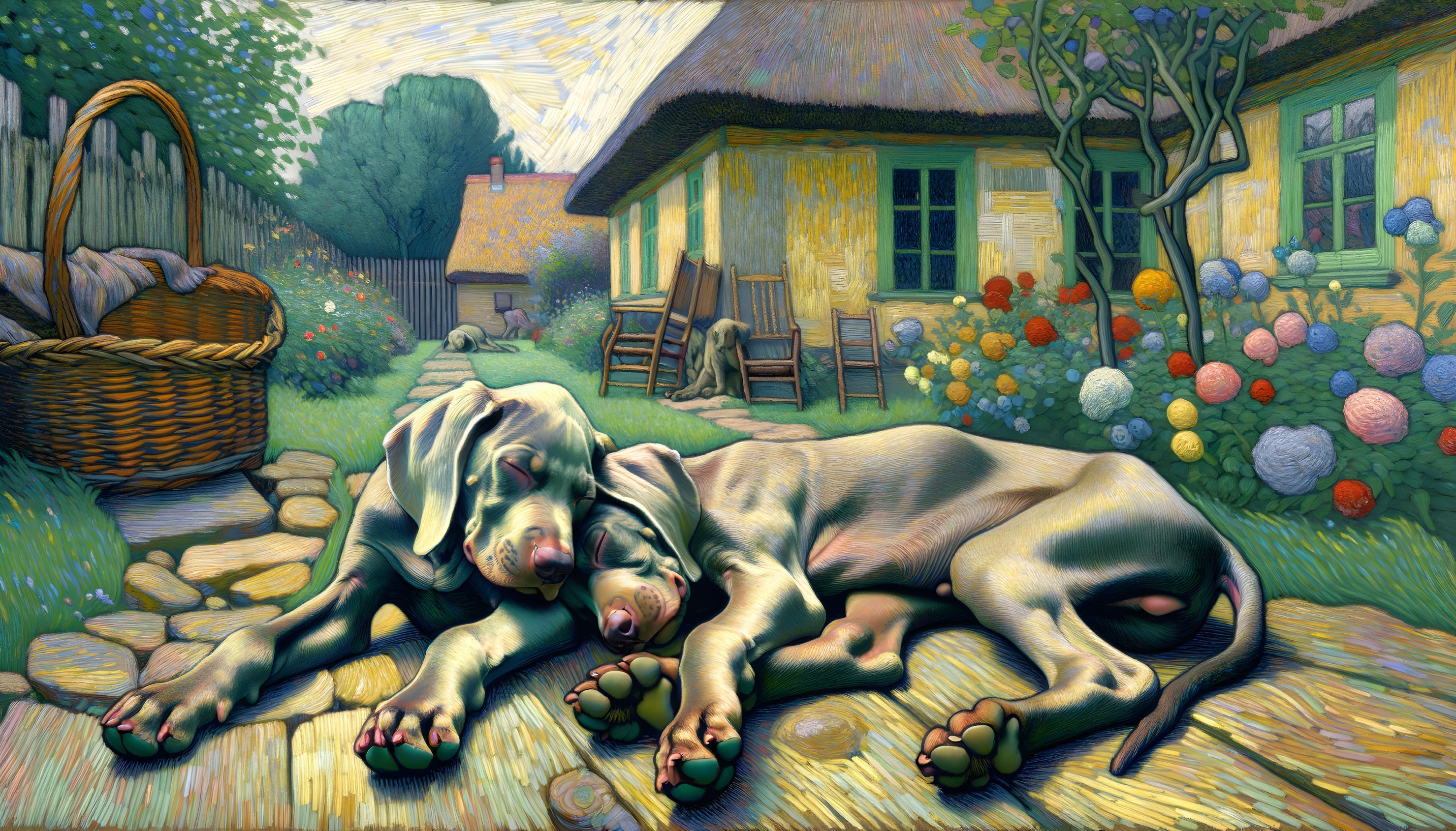 Relaxed Dogs on Sunlit Cobblestone Path with Garden