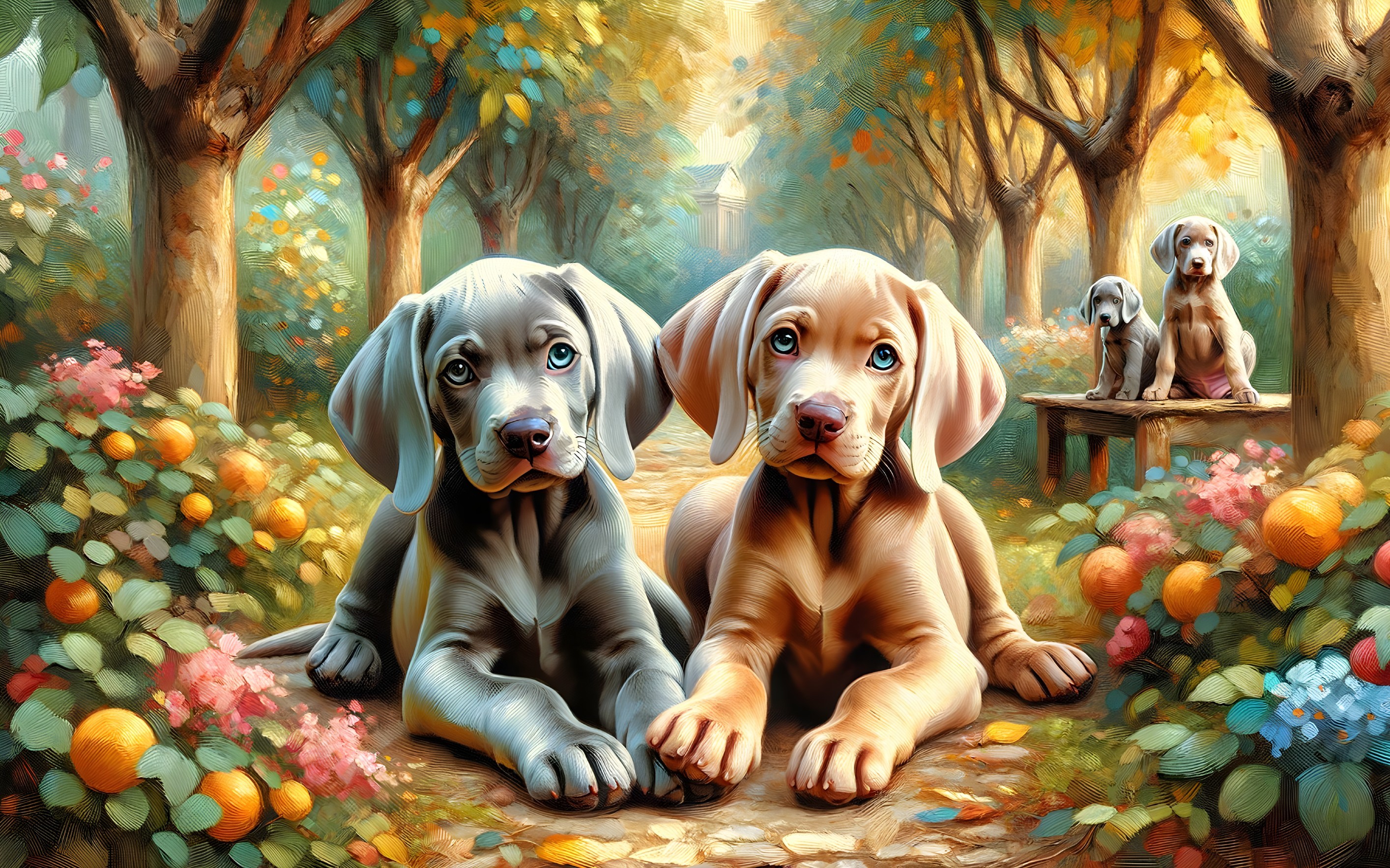 Puppies on a Sunny Path in a Vibrant Garden