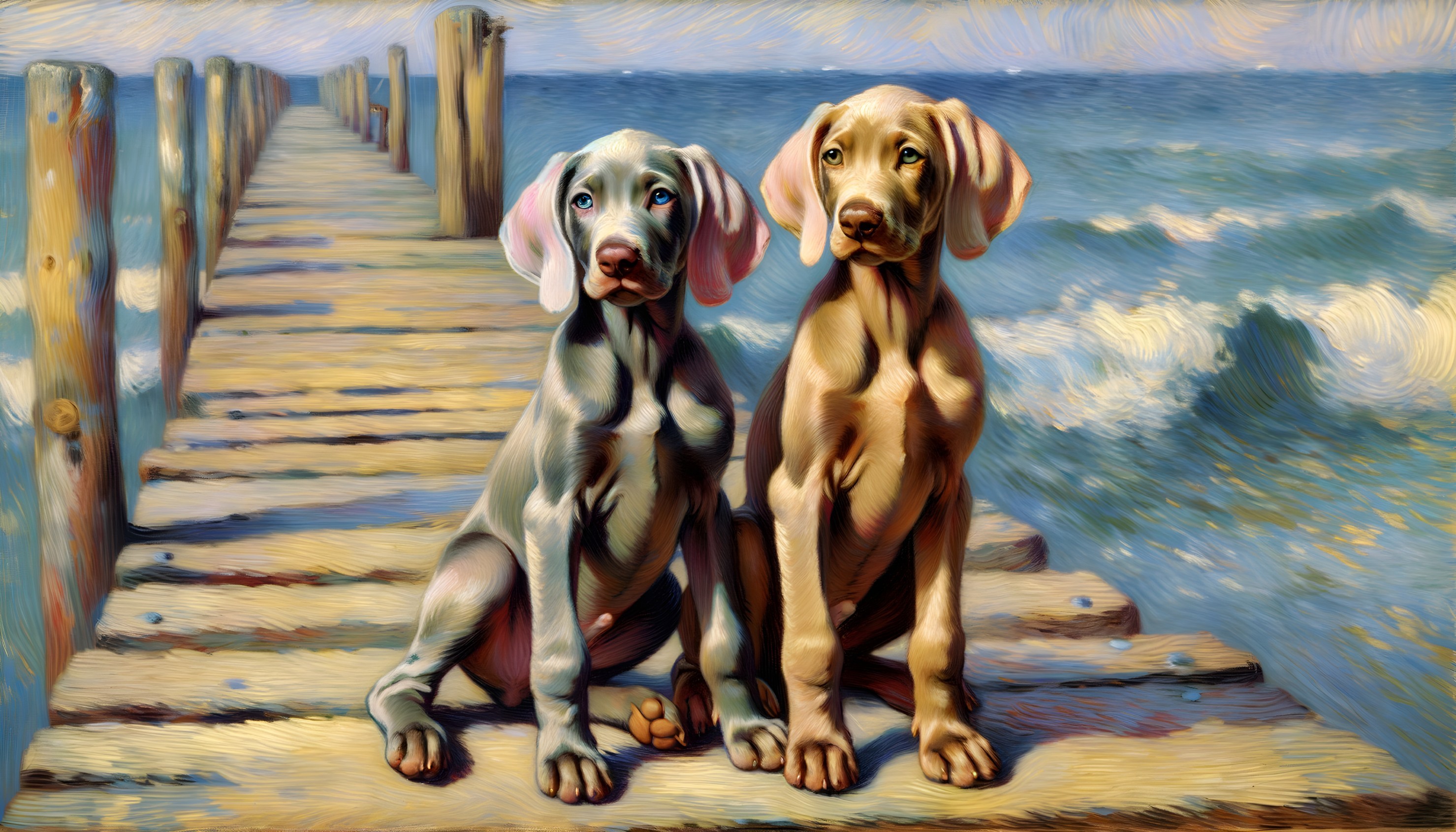 Puppies on a Pier Overlooking a Tranquil Sea