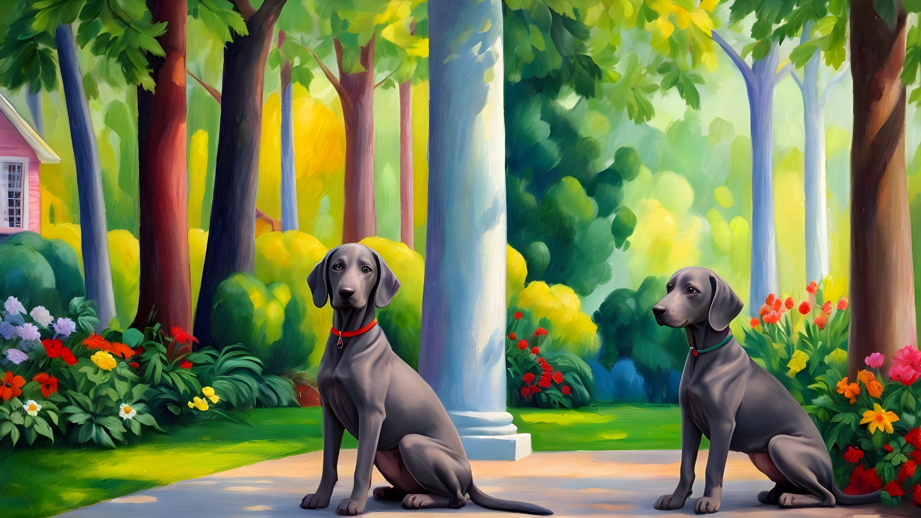 Gray Dogs in a Sunlit Garden with Stone Column