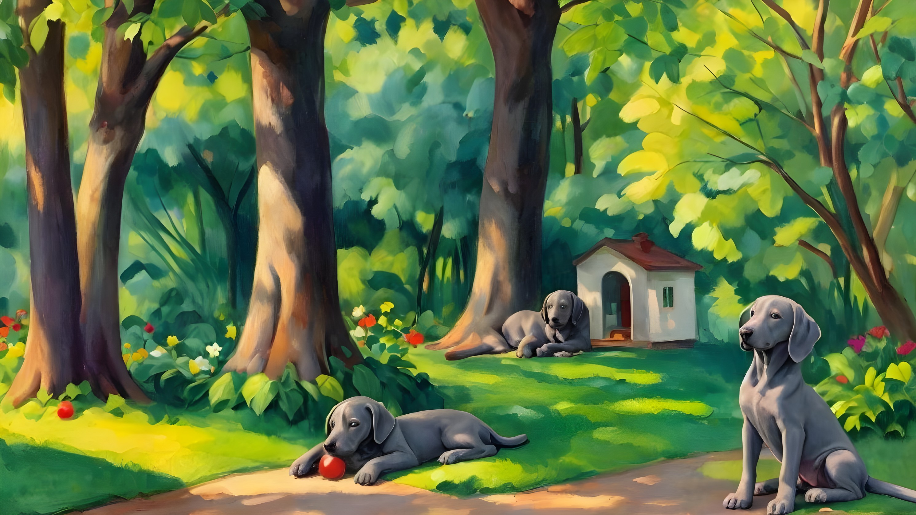 Gray Dogs Relaxing in a Sunlit Meadow with Flowers