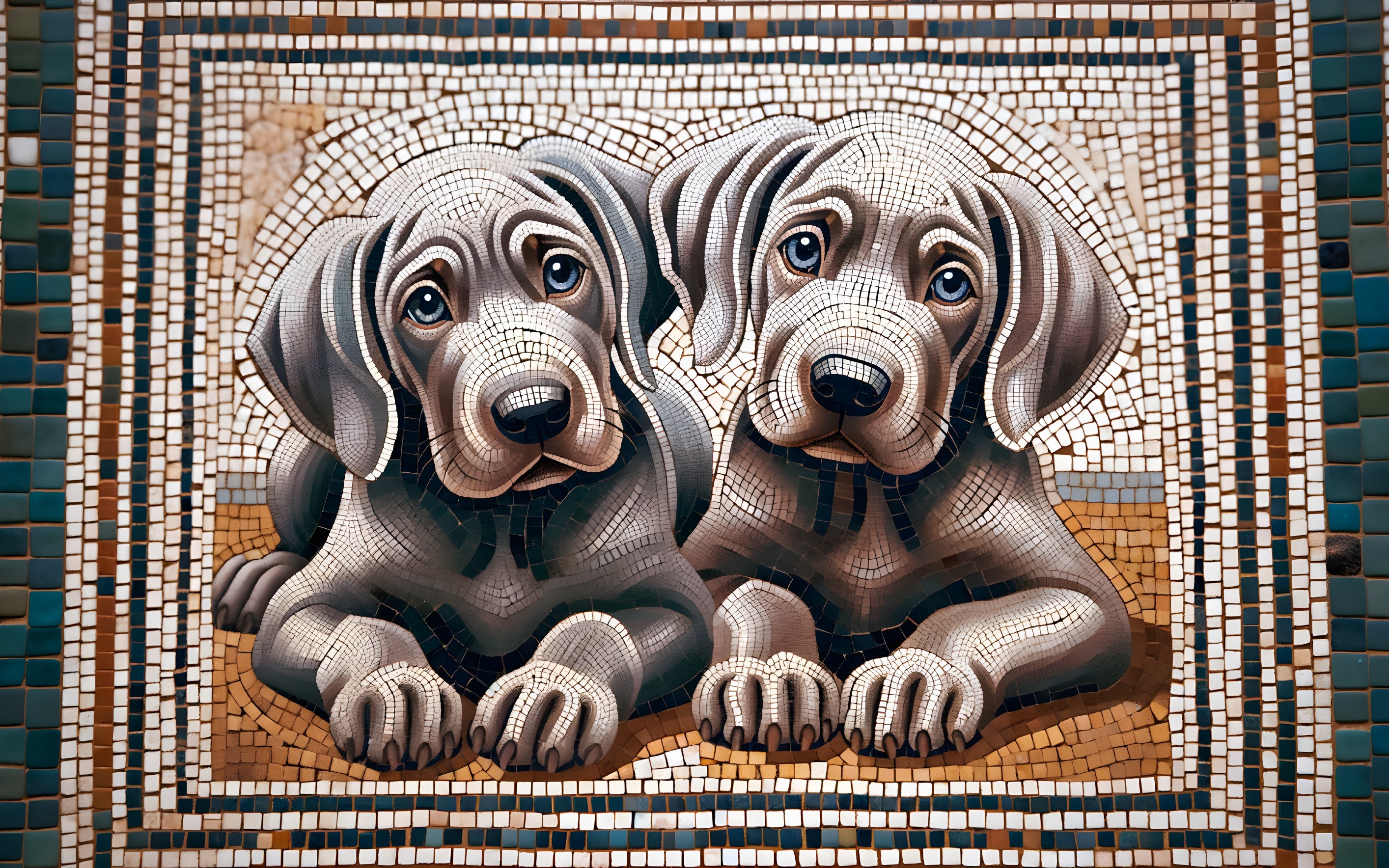 Mosaic Artwork of Two Playful Puppies in Detail