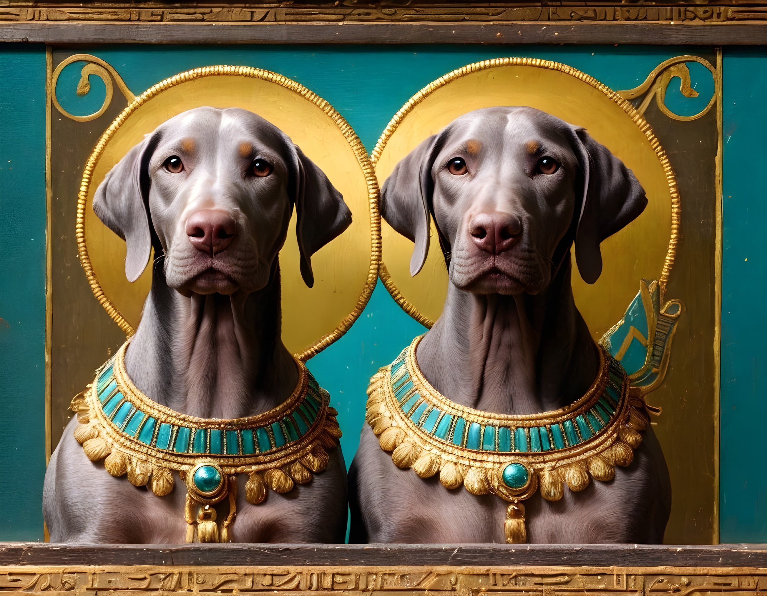 Two regal dogs with ornate collars on gold-blue background