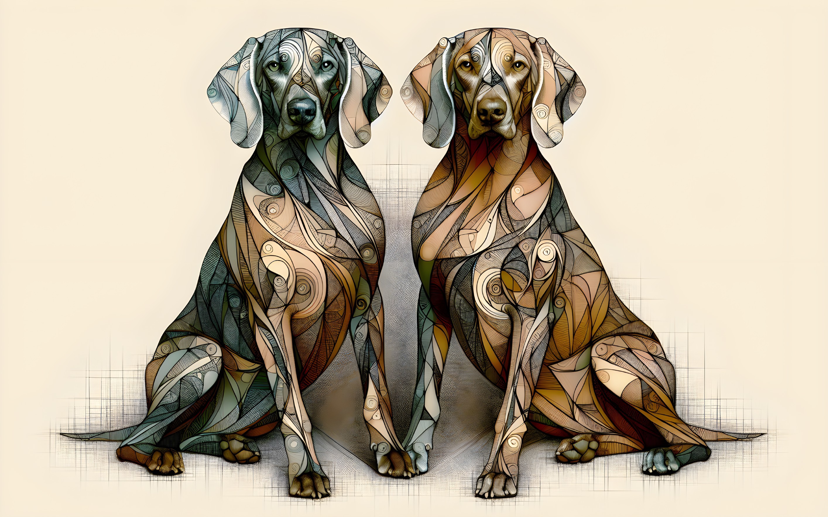 Stylized Dogs with Intricate Patterns in Soft Background