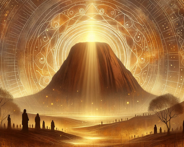 Mystical Landscape with Towering Mountain and Symbols