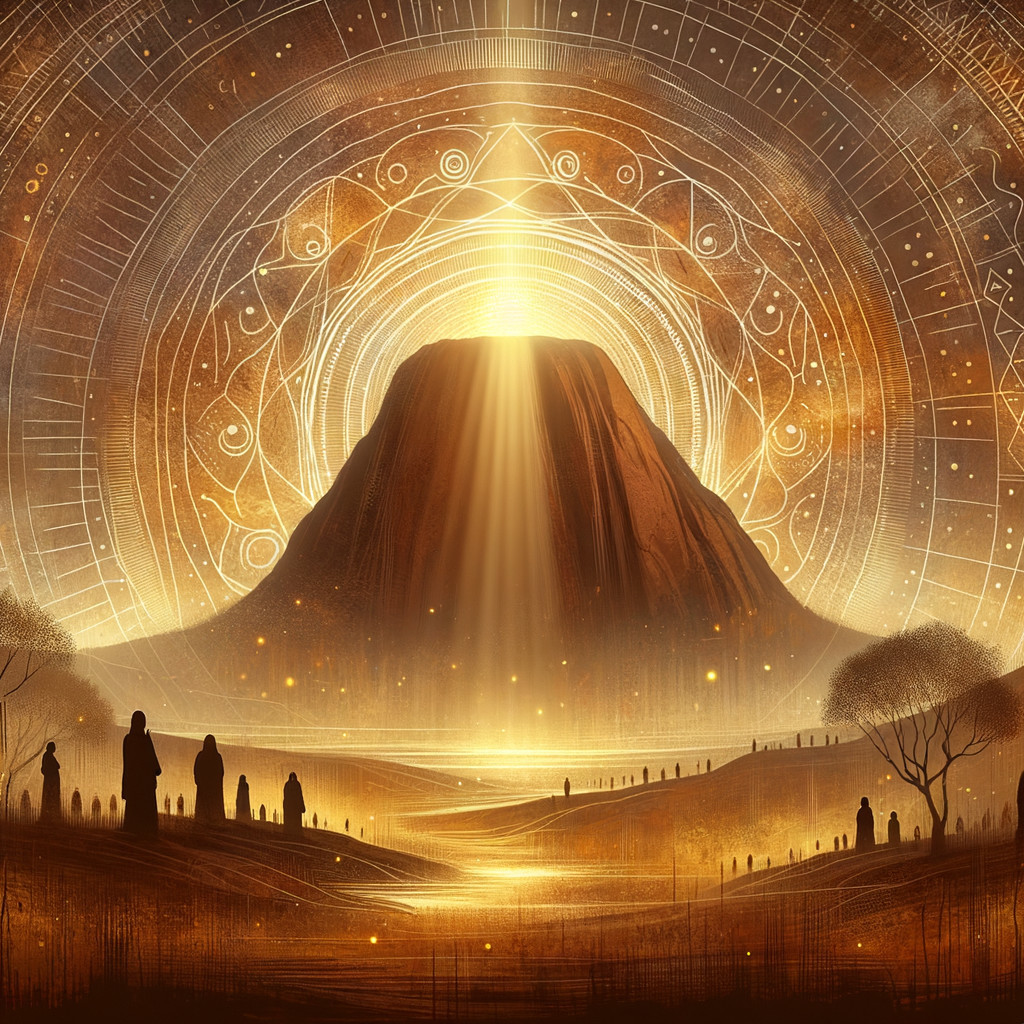 Mystical Landscape with Towering Mountain and Symbols