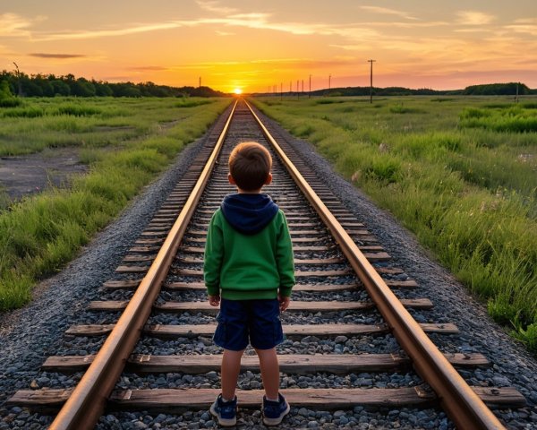 Young Boy on Railway Tracks at Vibrant Sunset
