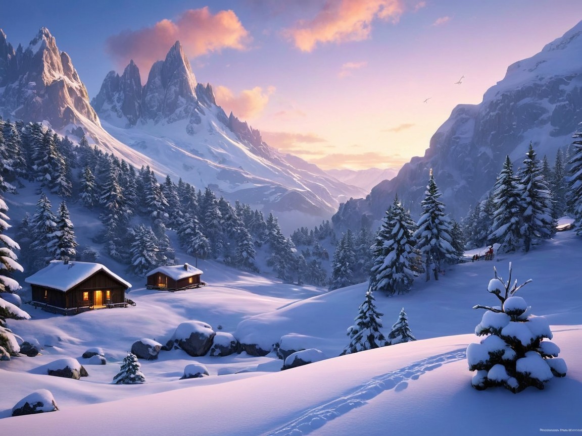 Serene Winter Landscape with Snow-Covered Mountains