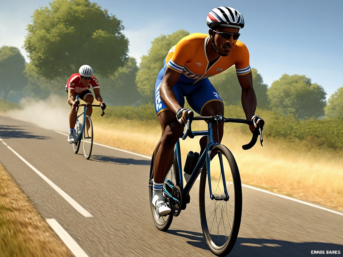 Cyclists Competing on a Scenic Tree-Lined Road