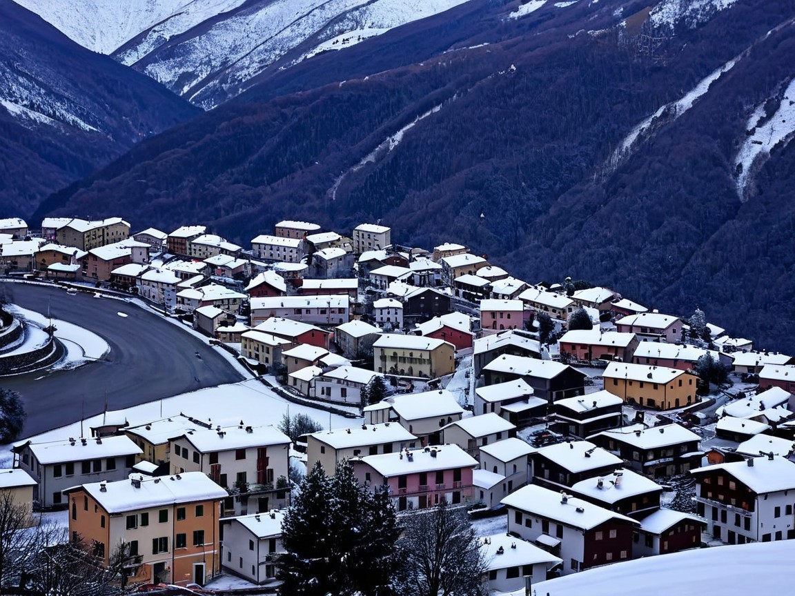 Snowy Village with Colorful Houses in Mountain Landscape