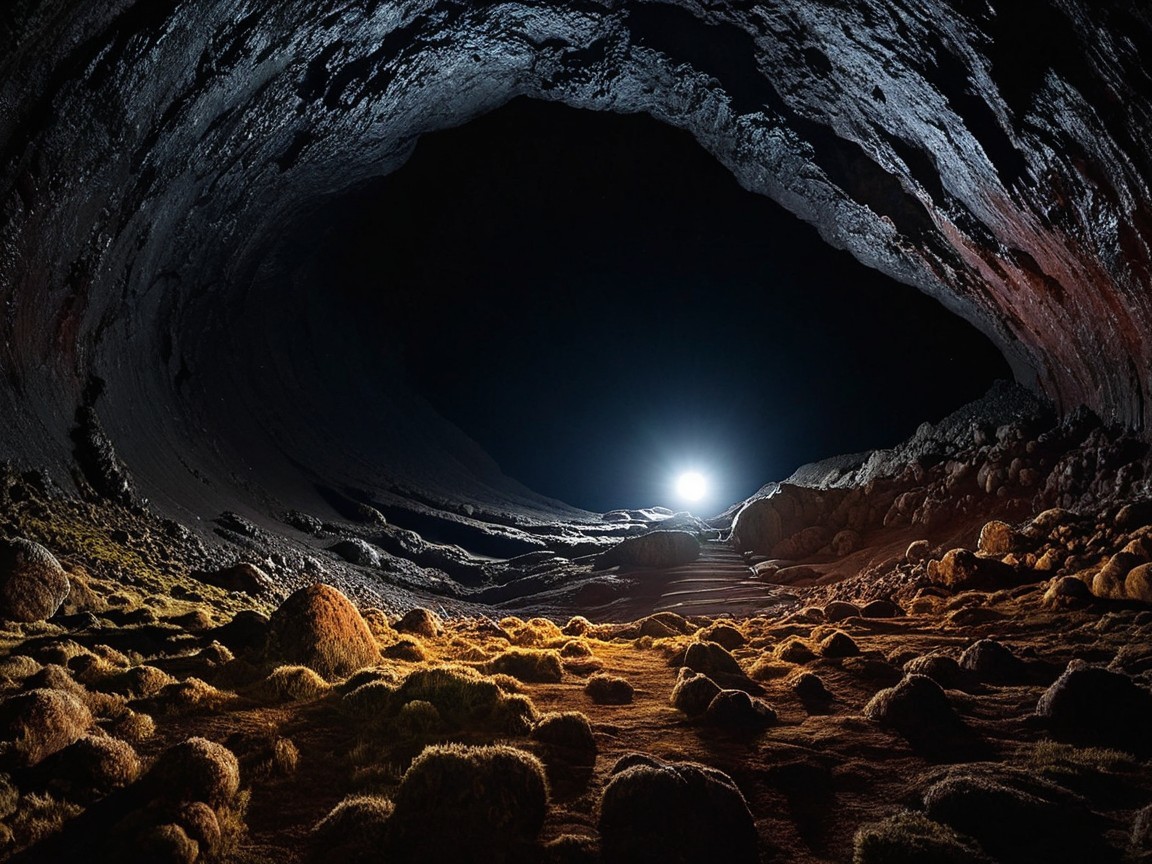 Dimly Lit Cave with Textured Walls and Shadows