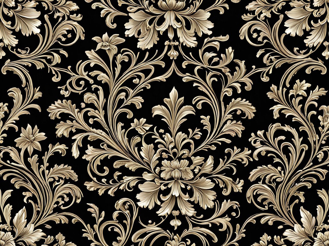 Floral Damask Pattern in Gold on Black Background