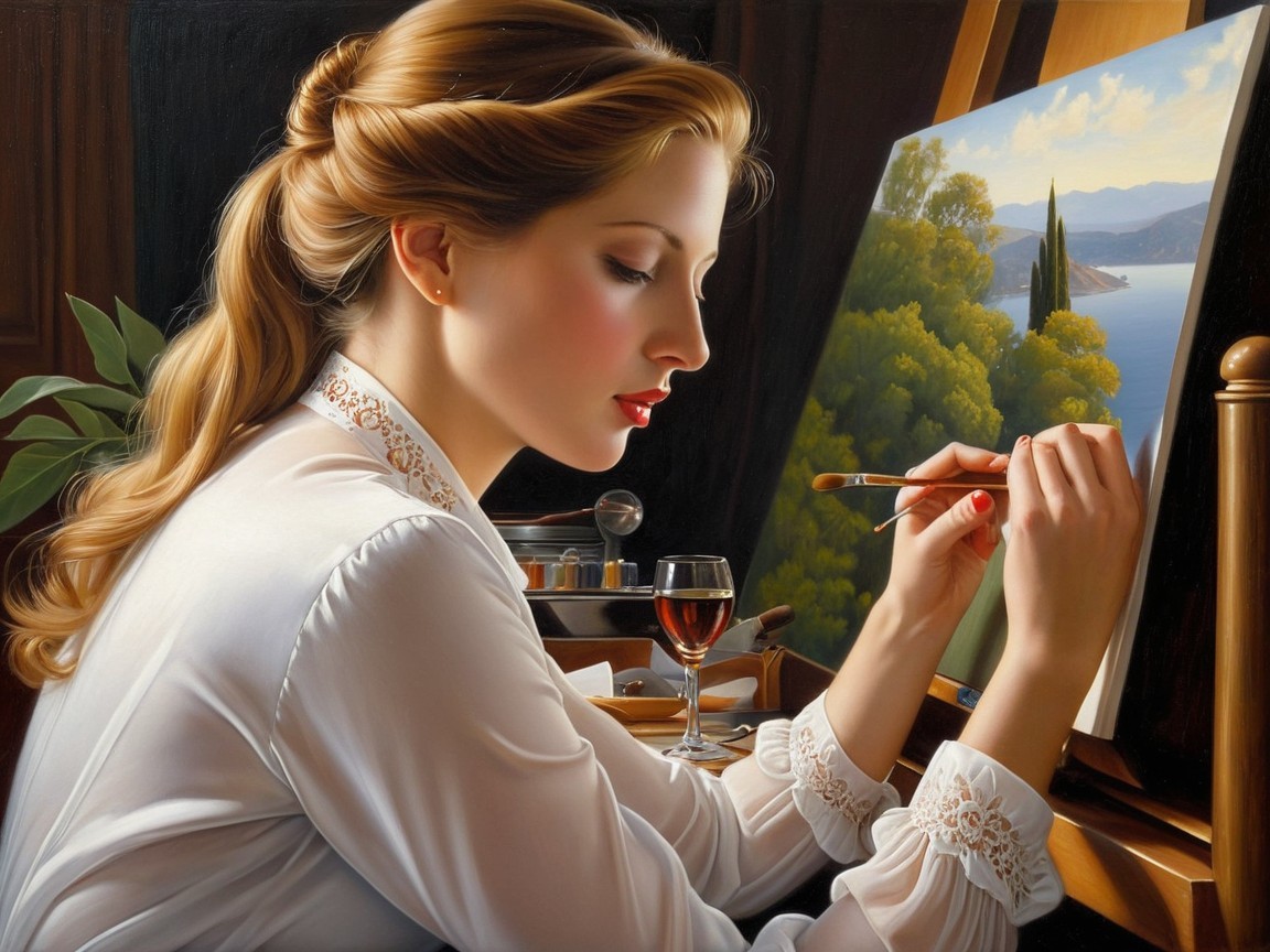 Young Woman Painting Serene Landscape with Wine Glass