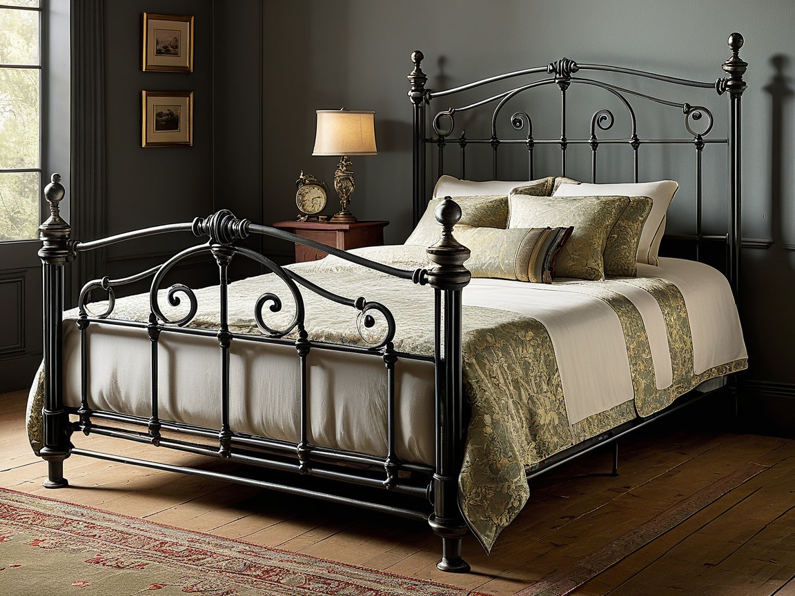 Stylish bedroom with black metal bed and natural light