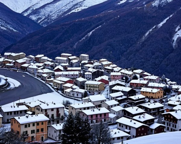 Snowy Village with Colorful Houses in Mountain Landscape