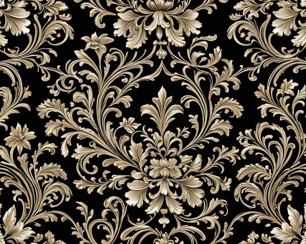 Floral Damask Pattern in Gold on Black Background