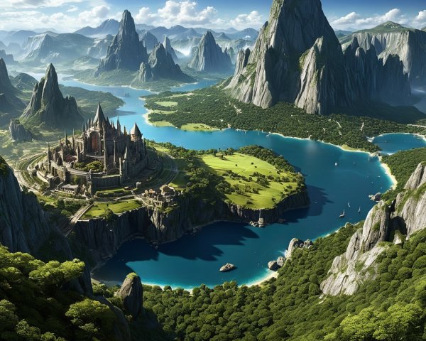 Majestic Castle Overlooking Vibrant Lake and Mountains