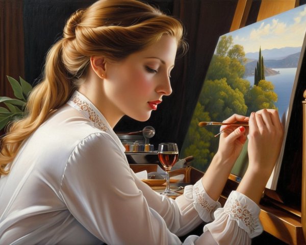 Young Woman Painting Serene Landscape with Wine Glass