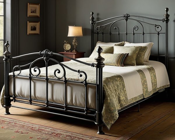 Stylish bedroom with black metal bed and natural light