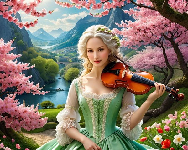 Woman in Green Dress Playing Violin by Lake and Blossoms